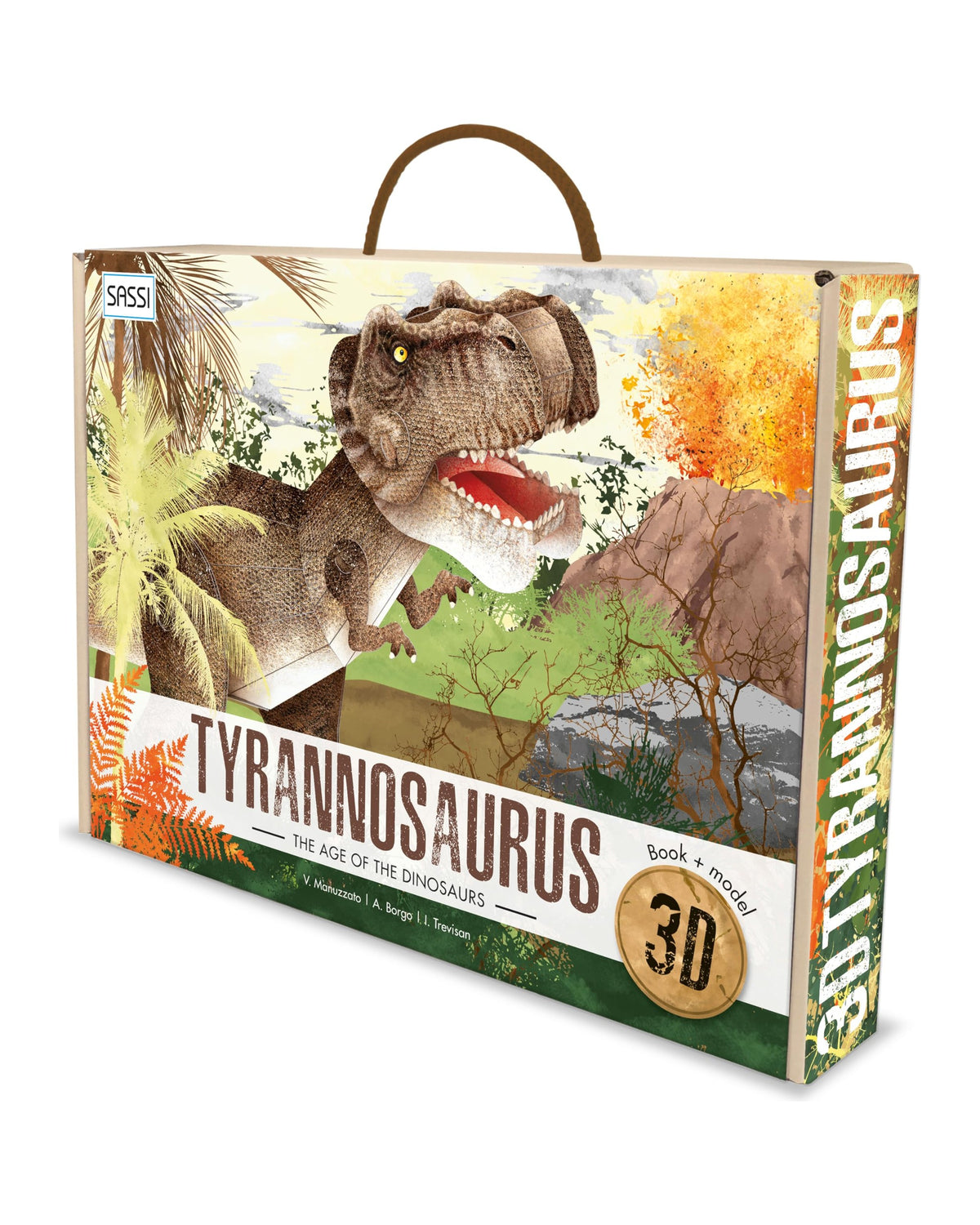 3D Tyrannosaurus saplı kutusu, volkanlı tarih öncesi manzarada kükreyen T-Rex