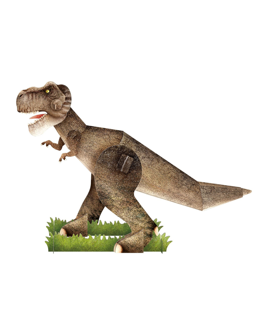 Beyaz zeminde kurulmuş, ayakta duran kahverengi karton T-Rex modeli
