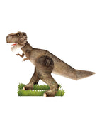 Beyaz zeminde kurulmuş, ayakta duran kahverengi karton T-Rex modeli