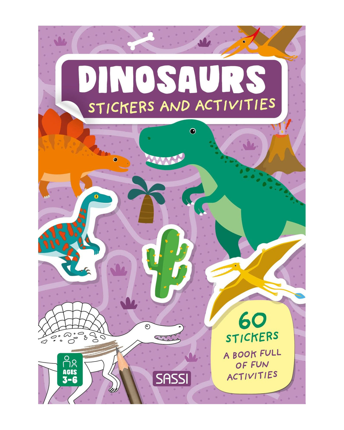 Stickers and Activities Dinosaurs kapağı, mor zeminde yeşil dinozorlar ve 60 sticker rozeti
