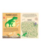 Dinozor etkinlik kitabının Tyrannosaurus sayfası ve yanında labirent