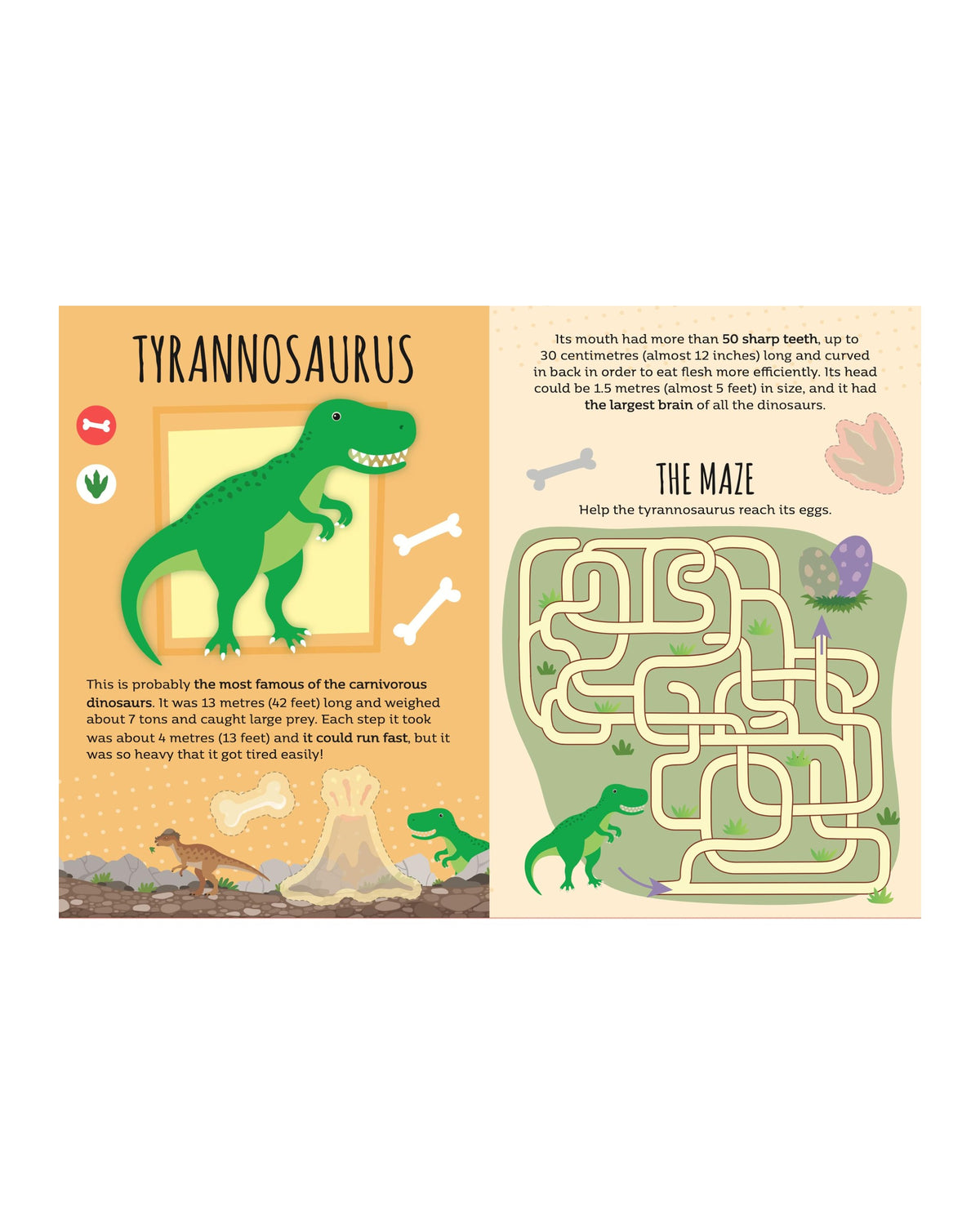 Dinozor etkinlik kitabının Tyrannosaurus sayfası ve yanında labirent