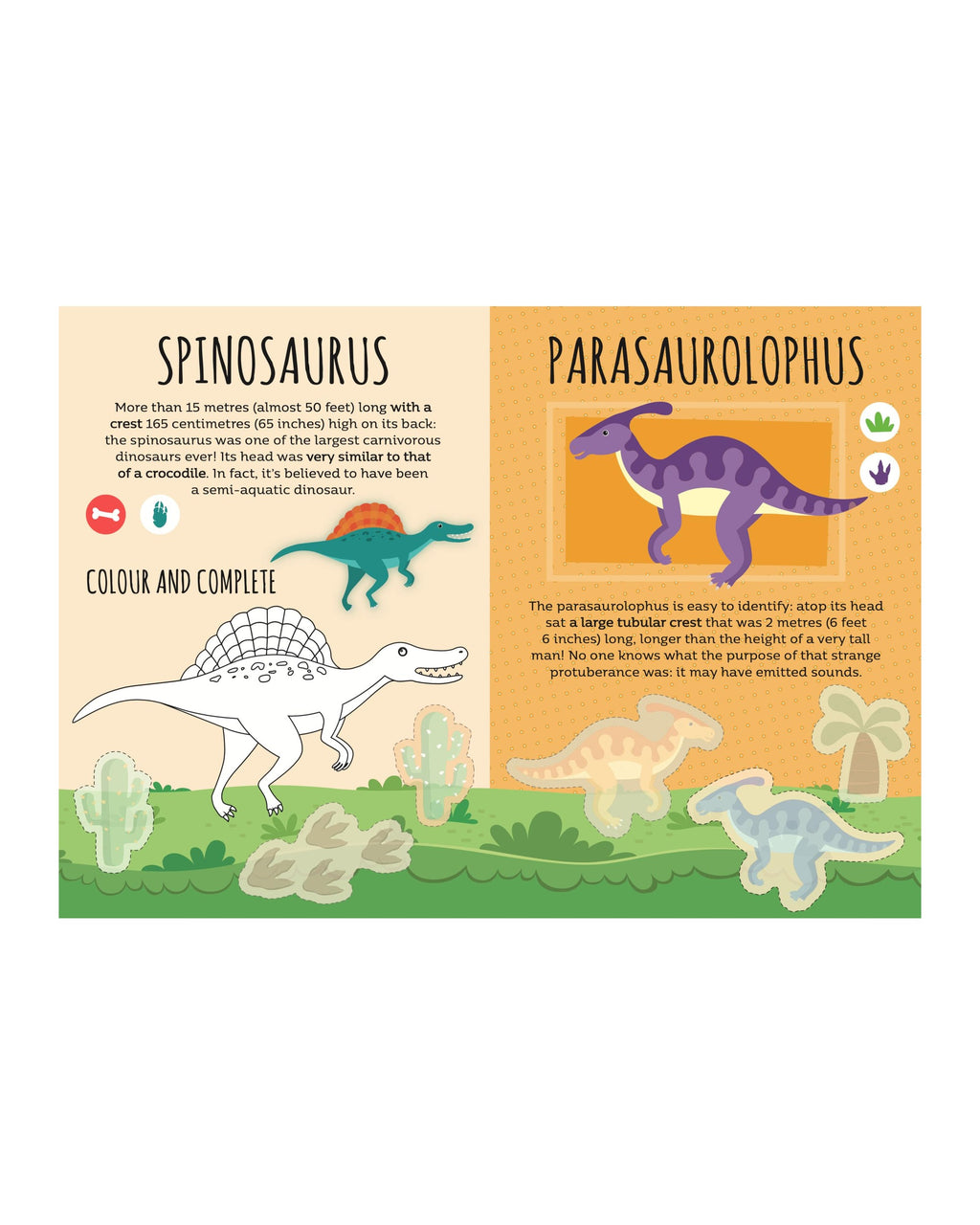 Dinozor etkinlik kitabının Spinosaurus ve Parasaurolophus açılımı