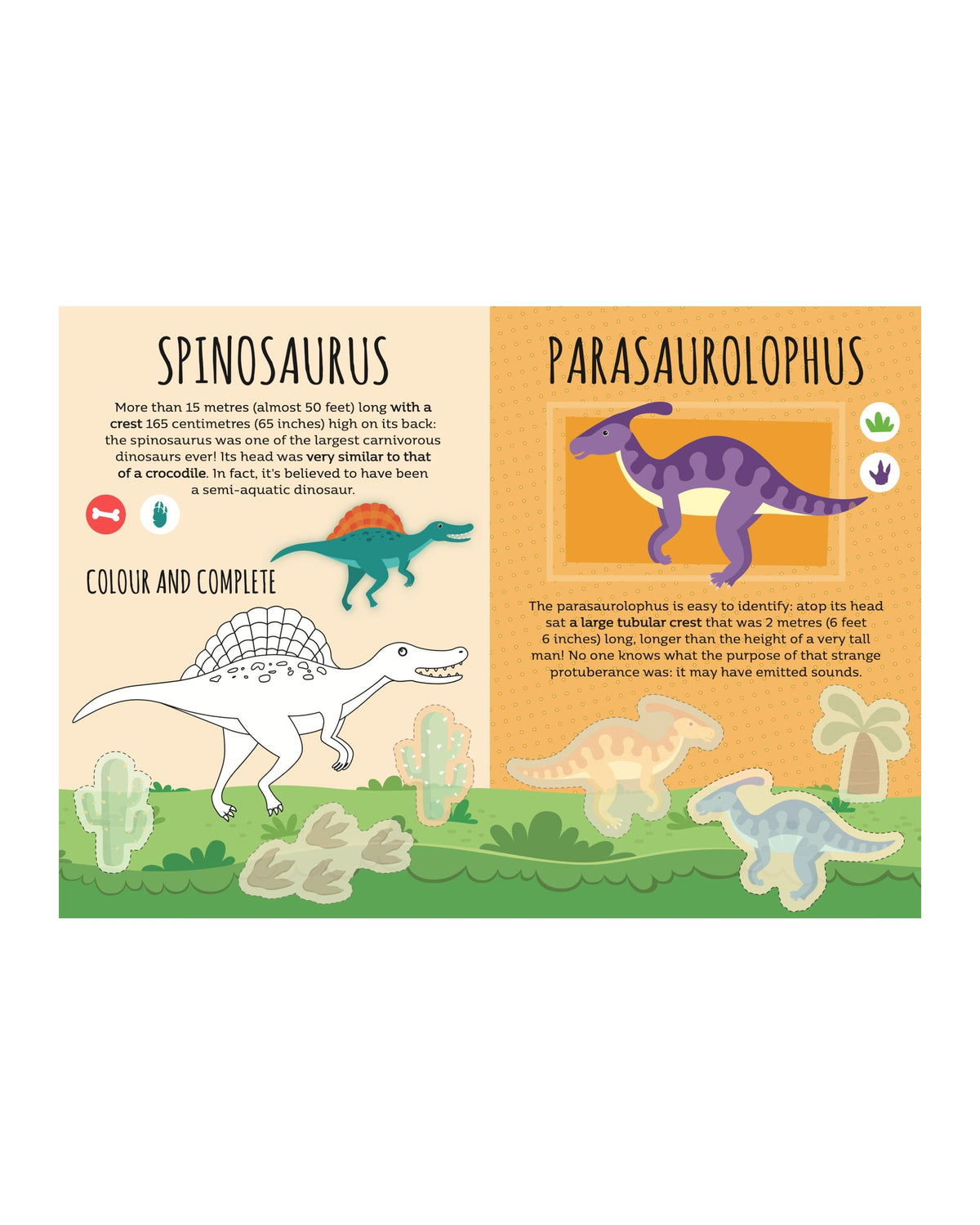 Dinozor etkinlik kitabının Spinosaurus ve Parasaurolophus açılımı
