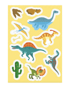 Sarı zeminli sticker sayfası, farklı renklerde dinozor sticker'ları