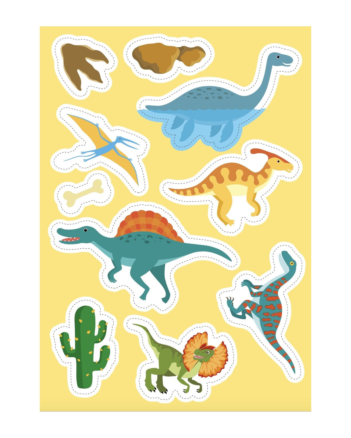 Sarı zeminli sticker sayfası, farklı renklerde dinozor sticker'ları