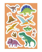 Turuncu zeminli sticker sayfası, dinozor ve yanardağ sticker'ları