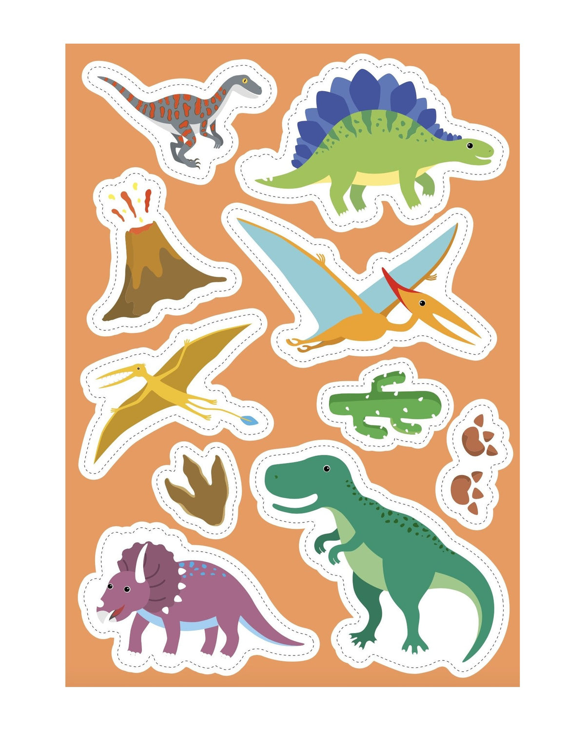Turuncu zeminli sticker sayfası, dinozor ve yanardağ sticker'ları