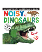 Noisy Dinosaurs sesli dinozor kitabının kapağı, ağzı açık yeşil T-Rex ve dokunsal pullu alan