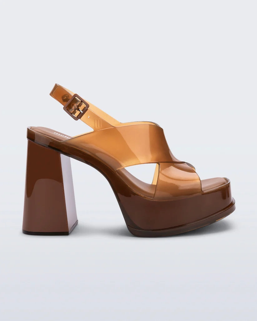 11.5 cm kalın blok topuklu ve yarı şeffaf bantlı kahverengi Melissa Dance Heel platform kadın sandalet yan profil