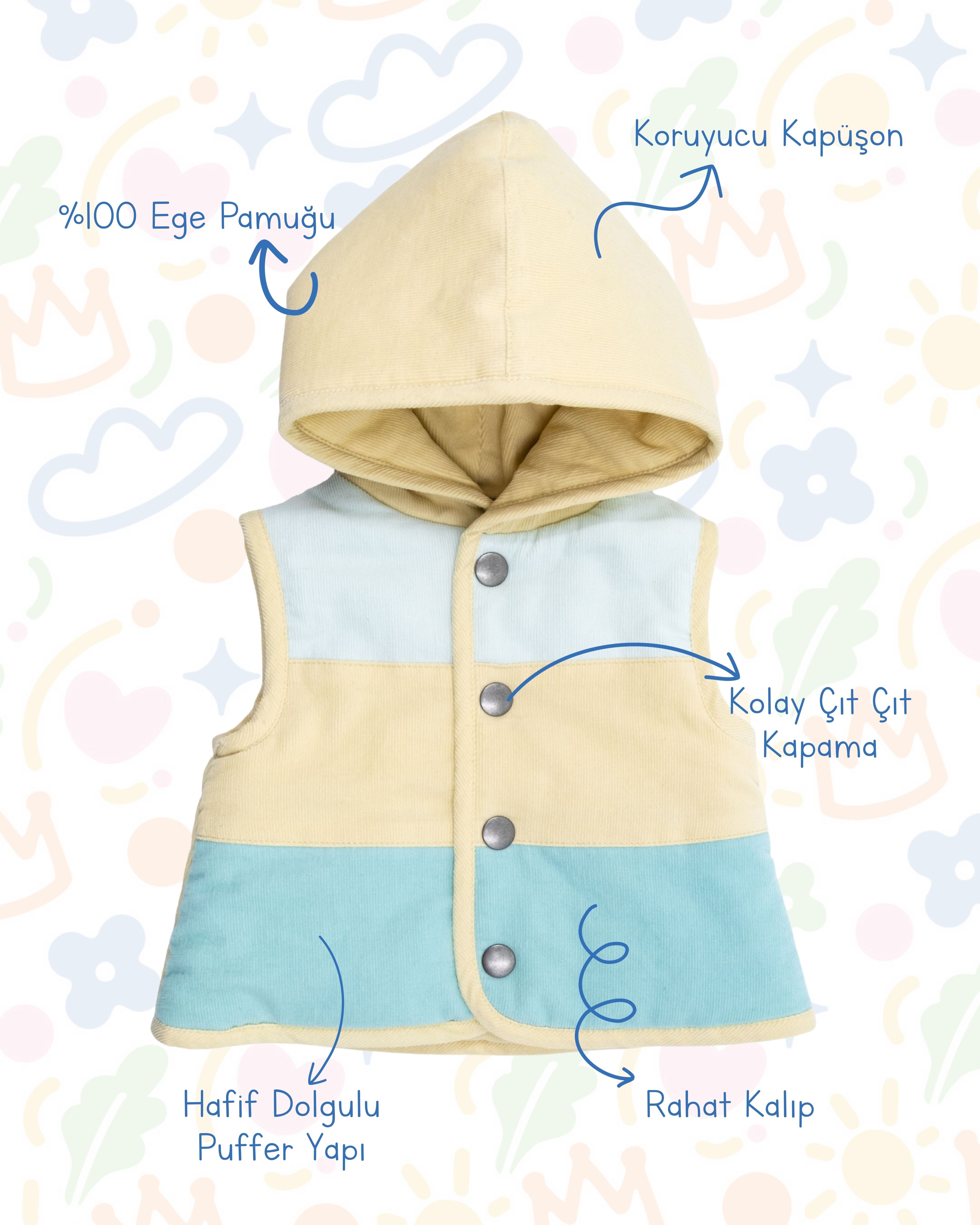 Crystal Baby İnce Fitilli Kadife Kapüşonlu Yelek - Hay Yellow