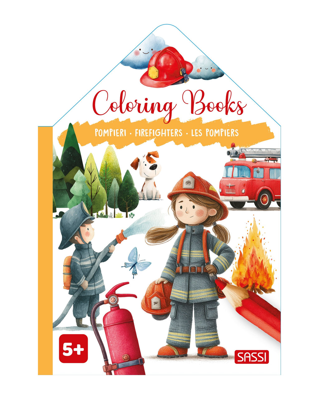Coloring Books Firefighters ev şekilli kapağı, itfaiyeci kız, itfaiye aracı ve 5+ ibaresi