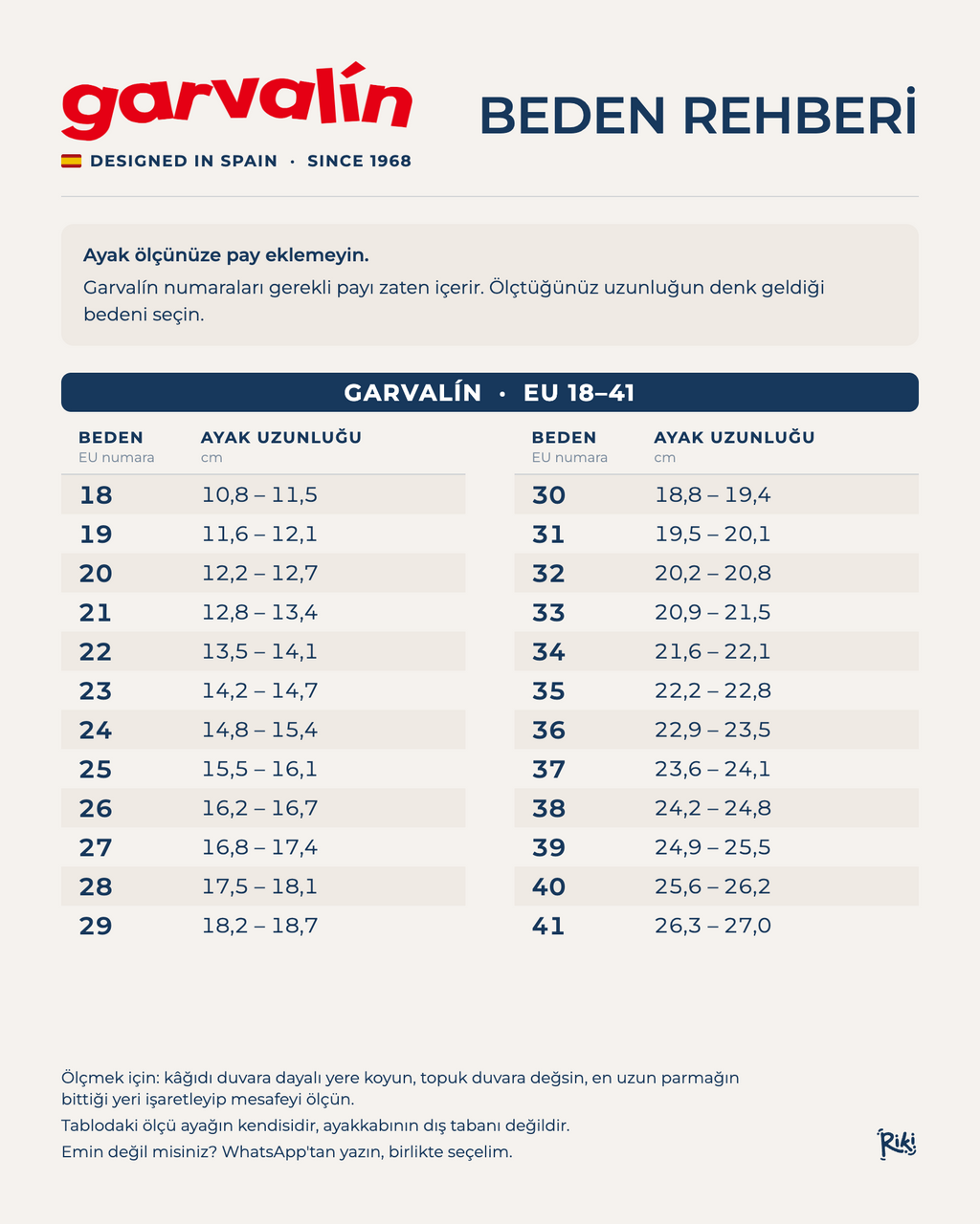 Garvalin çocuk ayakkabı beden rehberi: EU 18-41 numara ve ayak uzunluğu (cm) tablosu