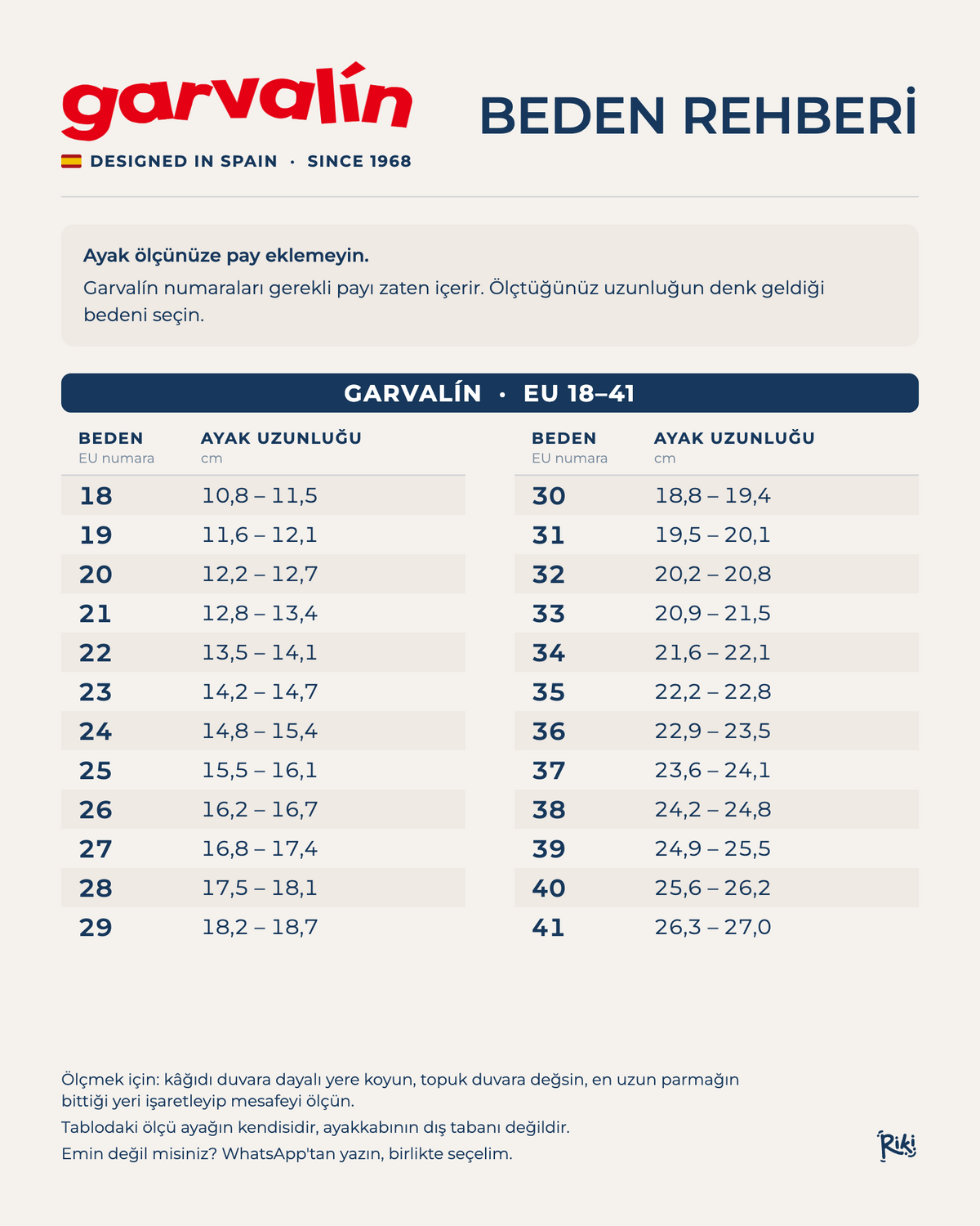 Garvalin çocuk ayakkabı beden rehberi: EU 18-41 numara ve ayak uzunluğu (cm) tablosu
