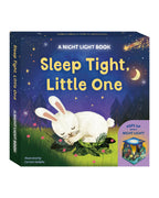 Sleep Tight Little One gece lambalı uyku kitabı, koruyucu kutu üzerinde uyuyan beyaz tavşan