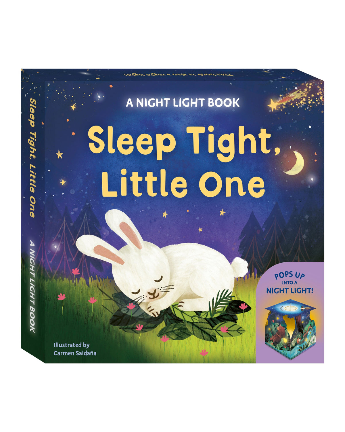 Sleep Tight Little One gece lambalı uyku kitabı, koruyucu kutu üzerinde uyuyan beyaz tavşan