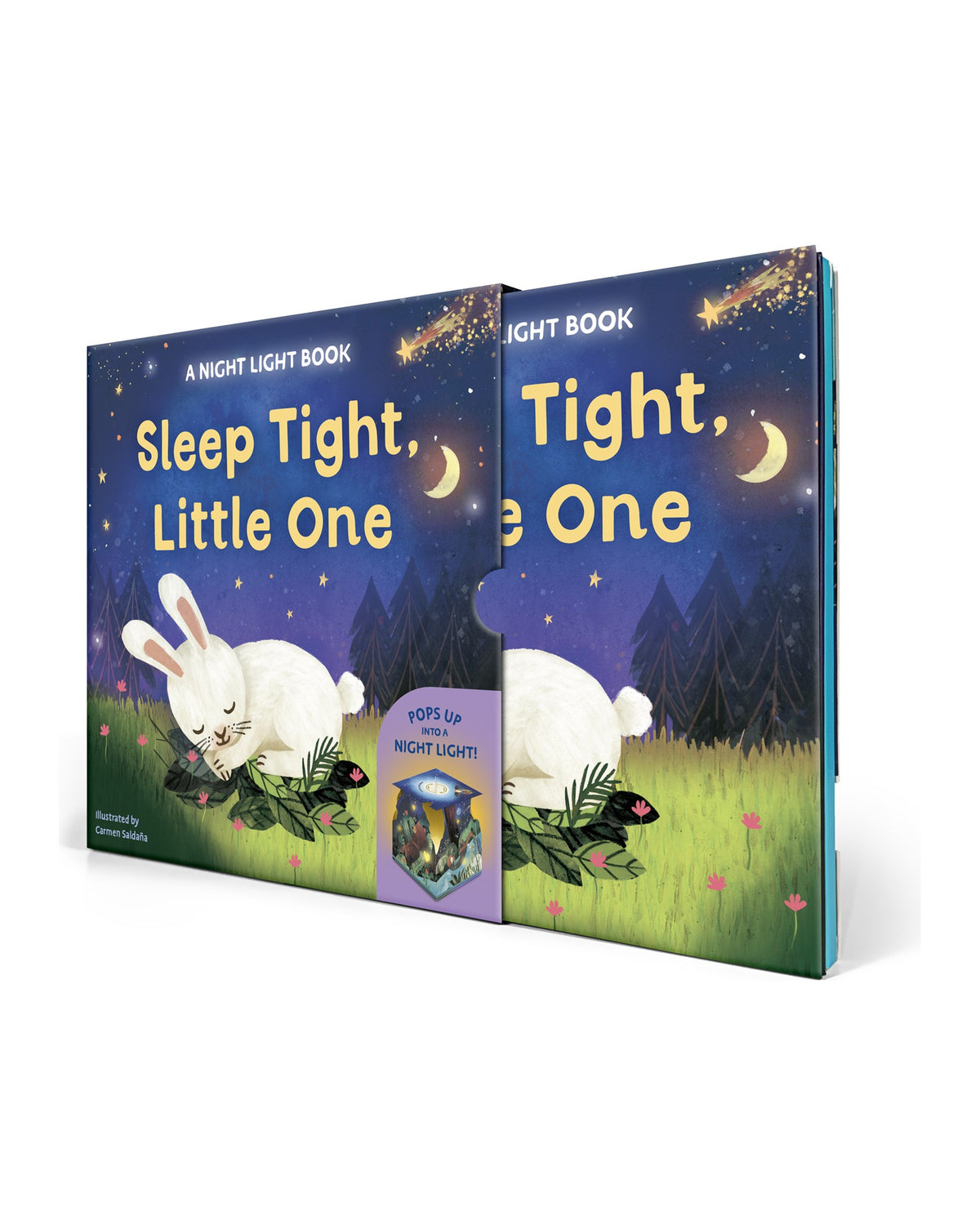 Koruyucu kutusundan yarı çıkmış Sleep Tight Little One kitabı