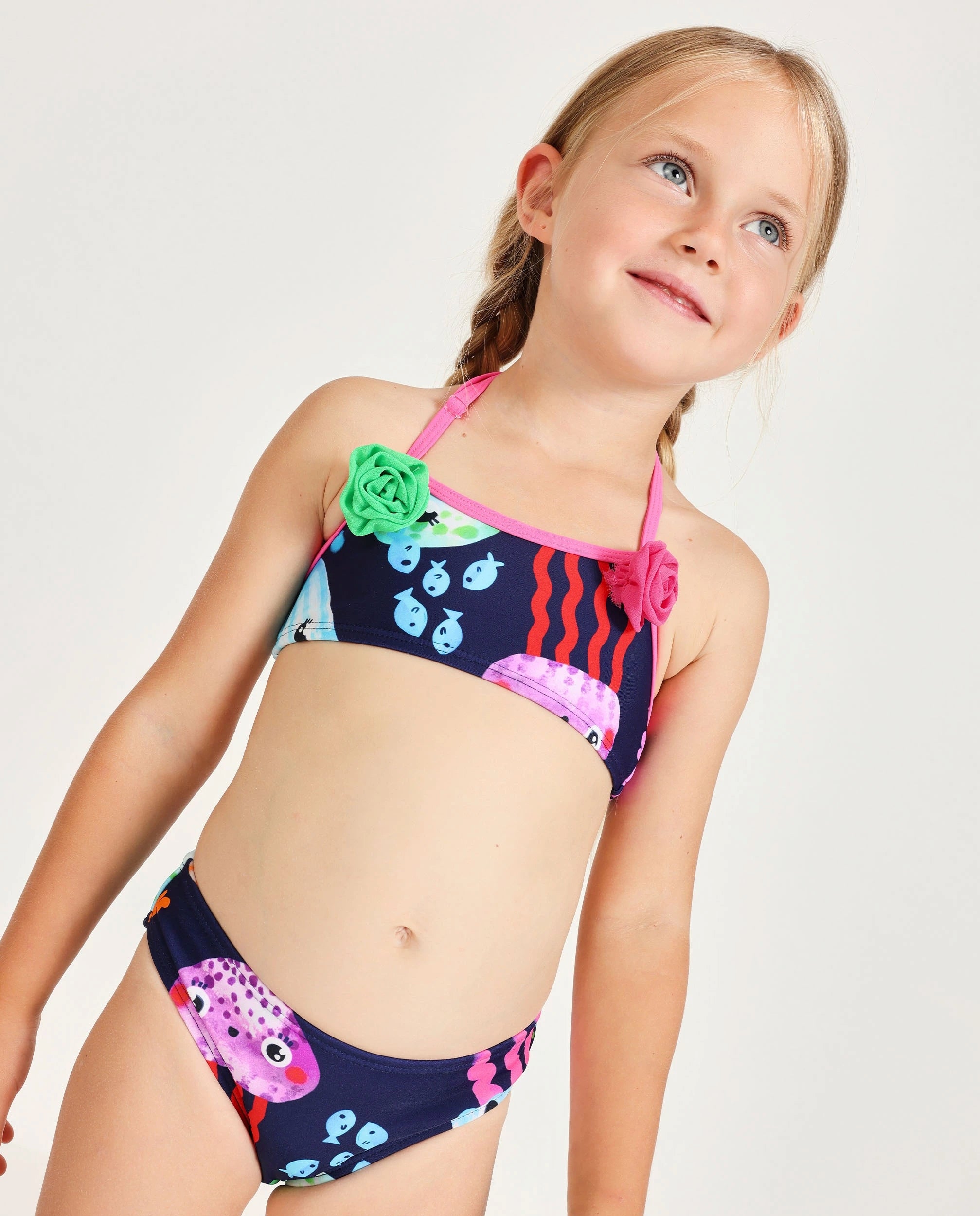 Tuc Tuc Kız Çocuk Denizanası 3D Çiçekli Bikini Takımı - Lacivert (2-10 Yaş)