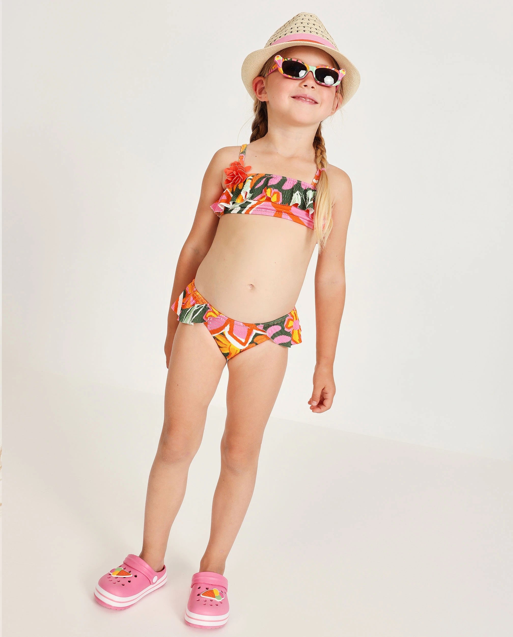 Tuc Tuc Kız Çocuk 3D Çiçek Aplikeli Tropikal Bikini - Fırfırlı (4-10 Yaş)
