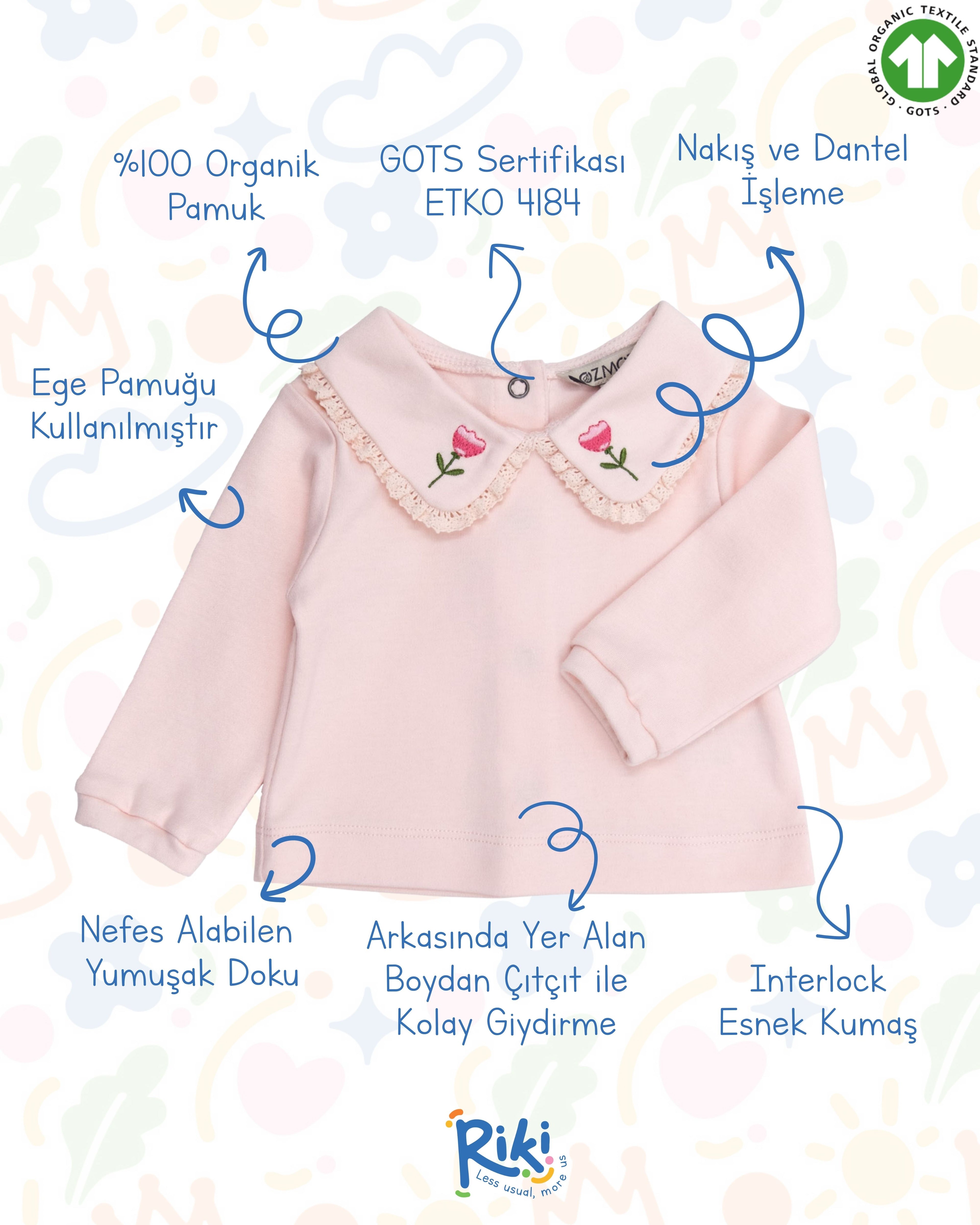 Crystal Baby Organik Pamuk Nakışlı Dantelli Bebek Üst – Cloud Pink