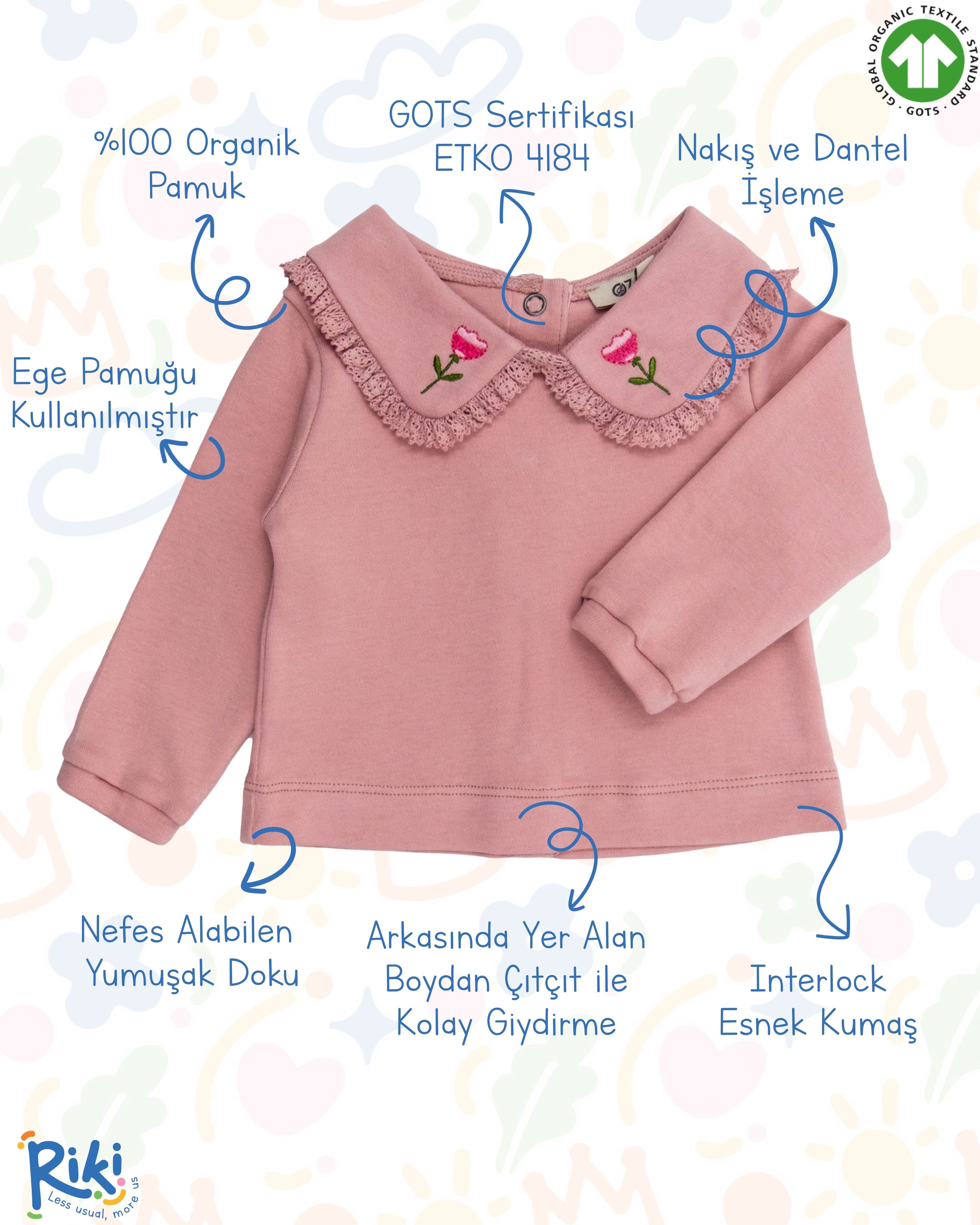 Crystal Baby Organik Pamuk Nakışlı Dantelli Bebek Üst – Rose Pink