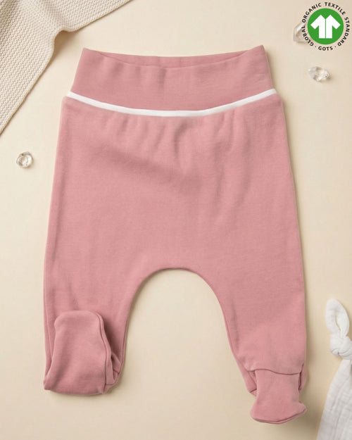 Crystal Baby Rose Pink organik pamuk patikli bebek pantolonu, önden görünüm: geniş bel bandı