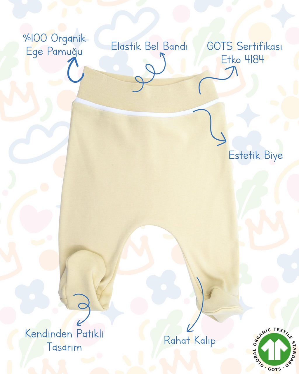 Crystal Baby Organik Pamuk Patikli Bebek Pantolonu - Hay Yellow