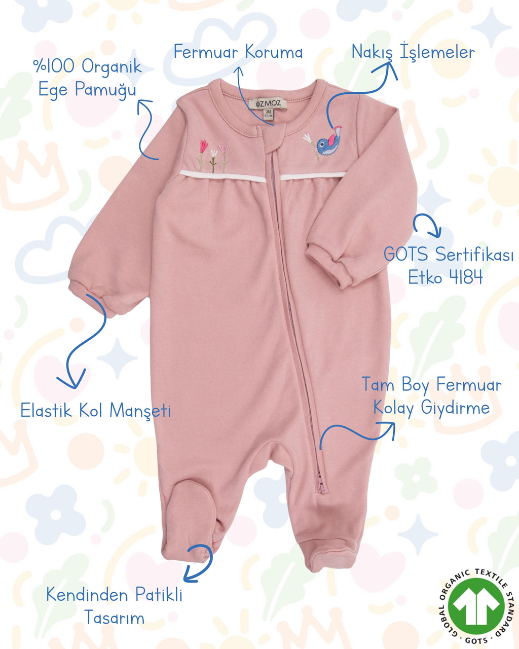 Crystal Baby Organik Pamuk Kendinden Patikli Tulum - Rose Pink