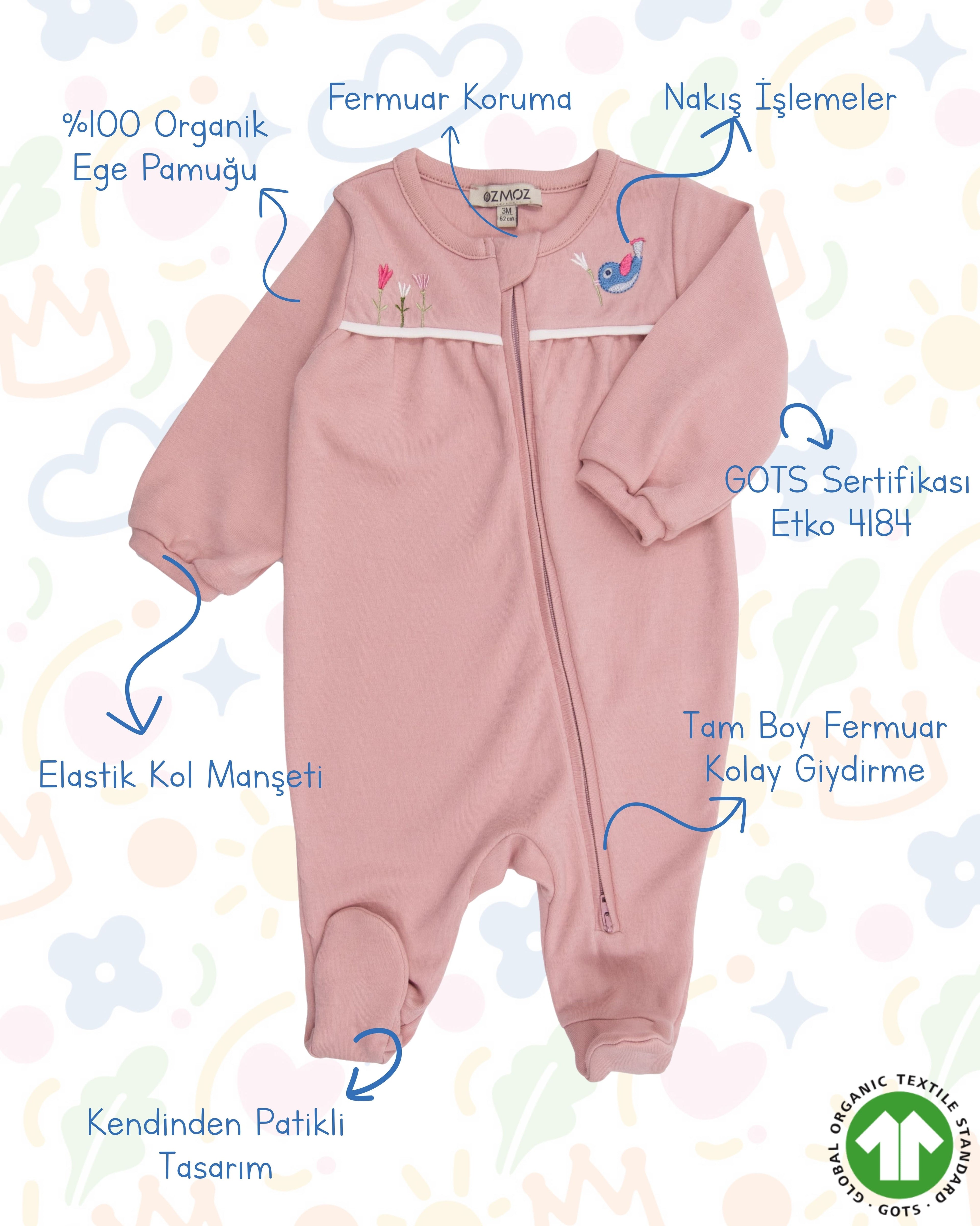 Crystal Baby Organik Pamuk Kendinden Patikli Tulum - Rose Pink