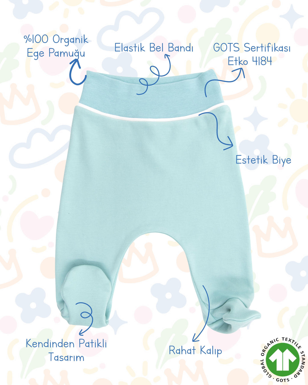 Crystal Baby Organik Pamuk Patikli Bebek Pantolonu - Eggshell Blue