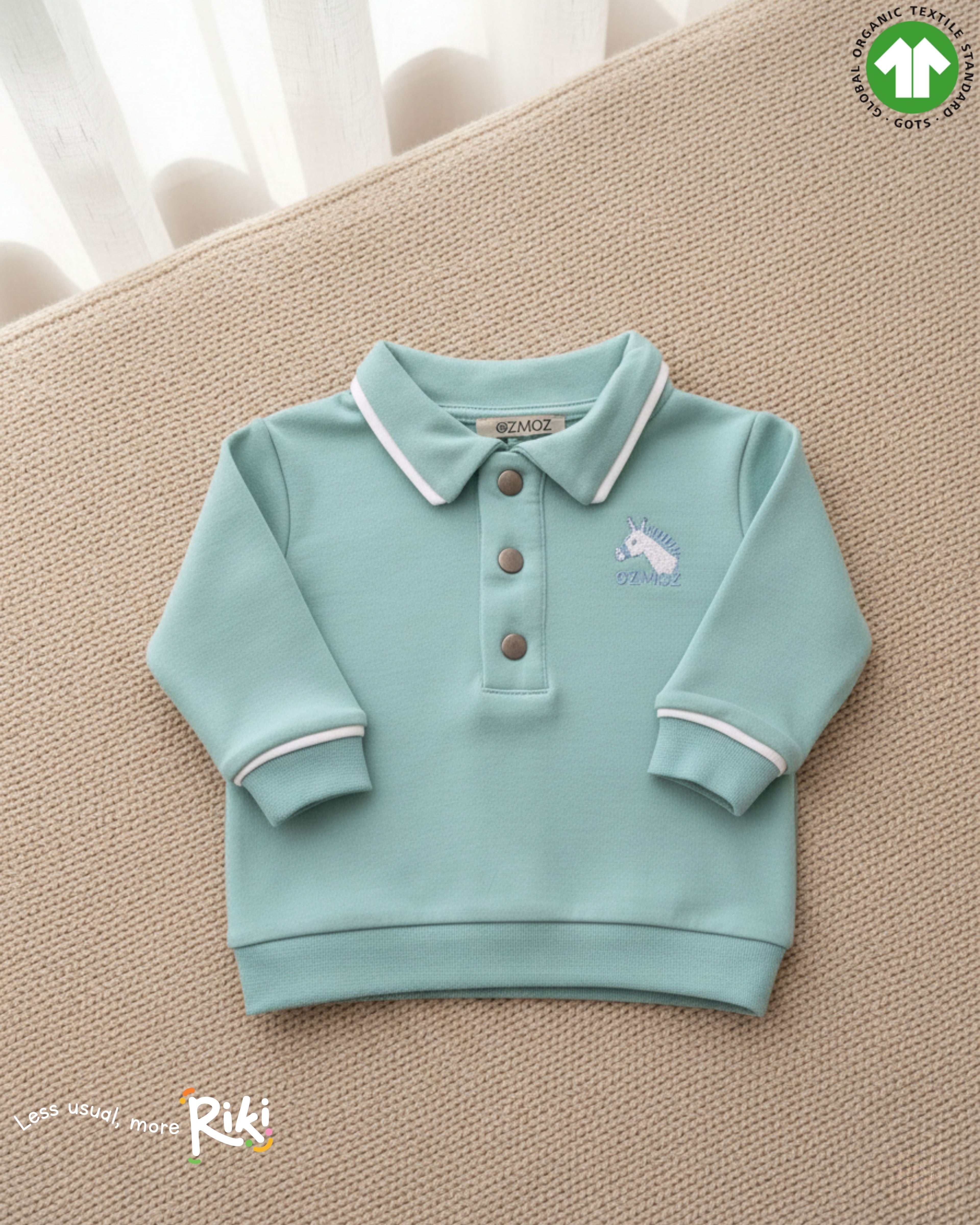 Crystal Baby Organik Pamuk Polo Yaka Uzun Kollu Üst – Eggshell Blue