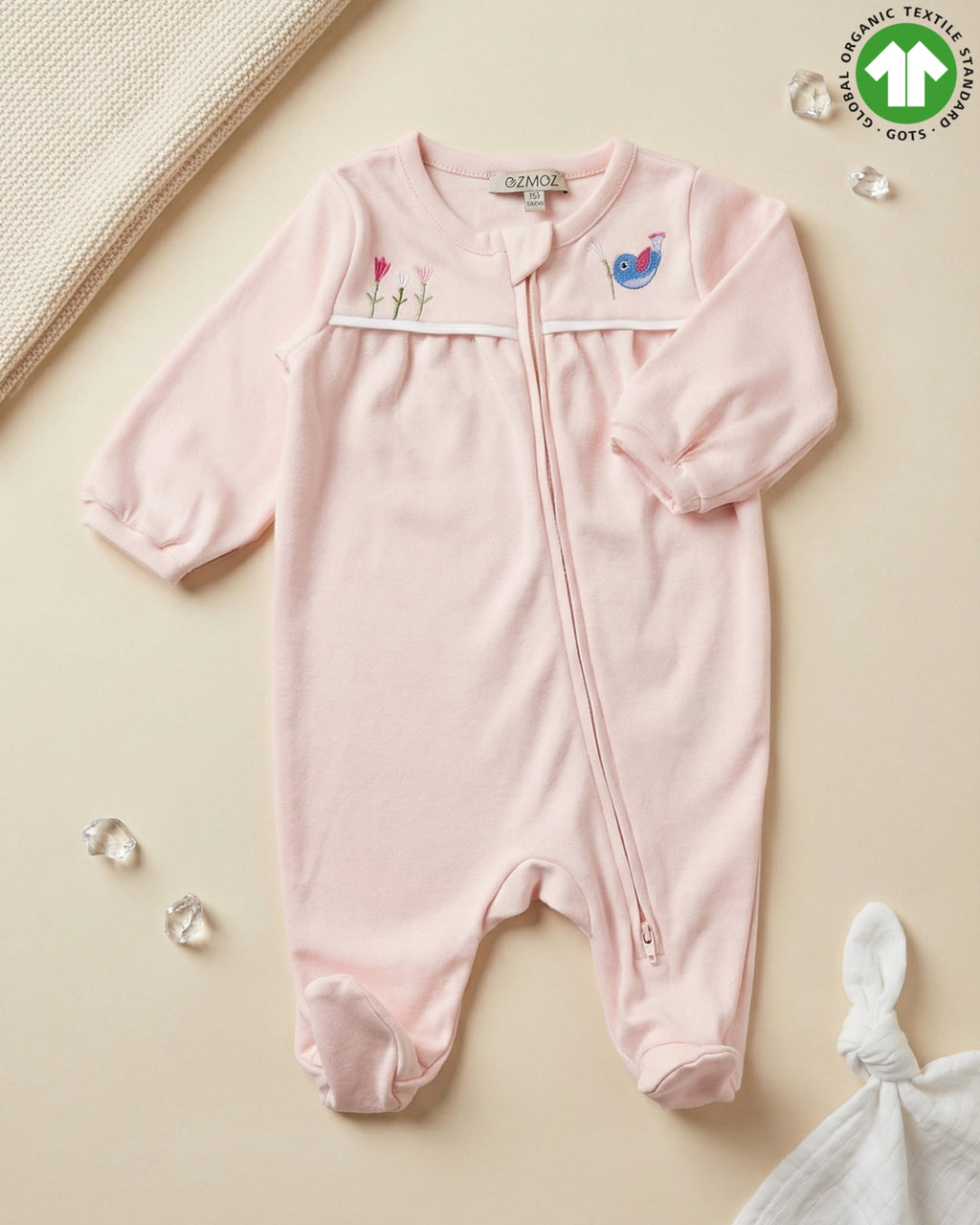 Crystal Baby Organik Pamuk Kendinden Patikli Tulum - Cloud Pink