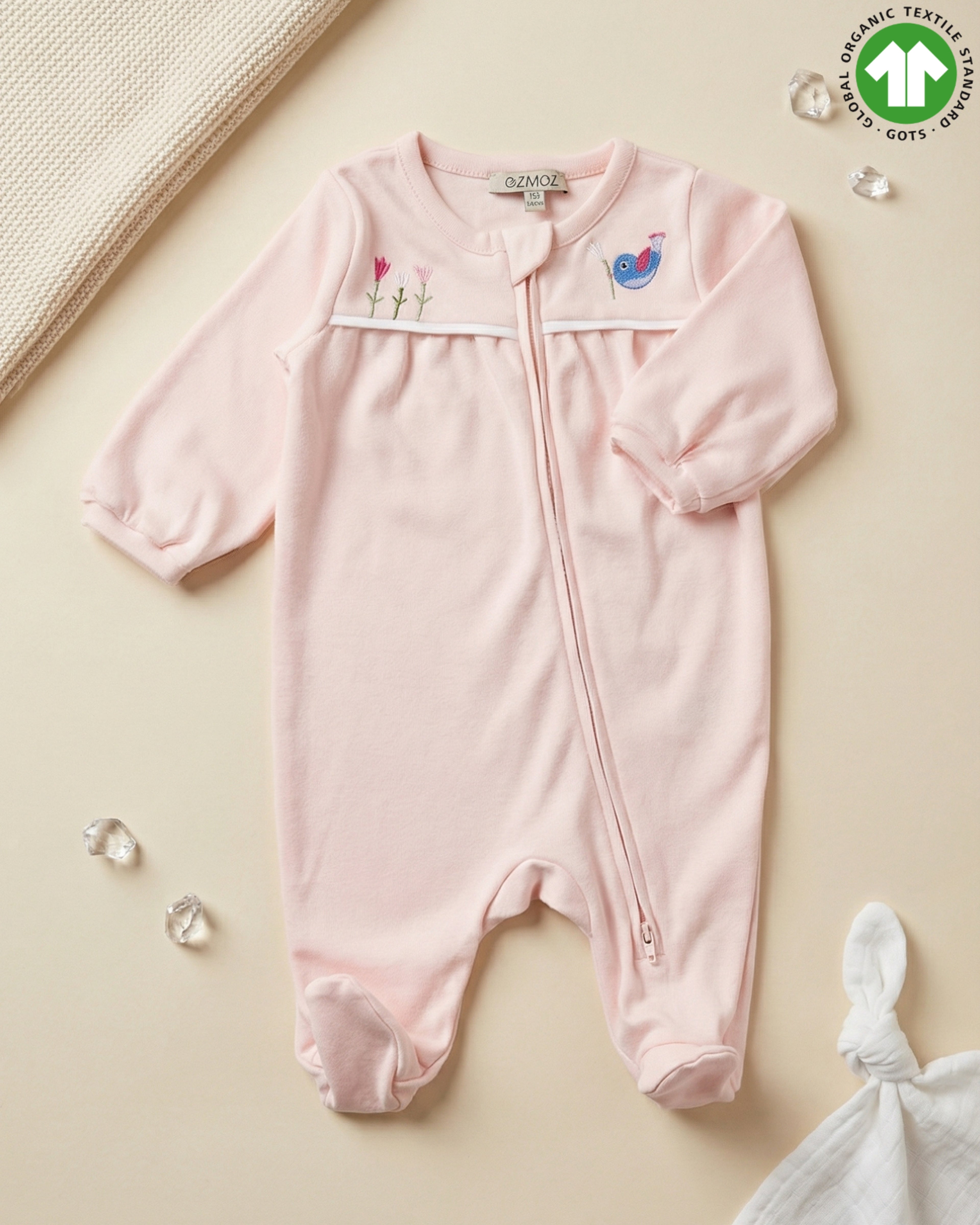 Crystal Baby Organik Pamuk Kendinden Patikli Tulum - Cloud Pink