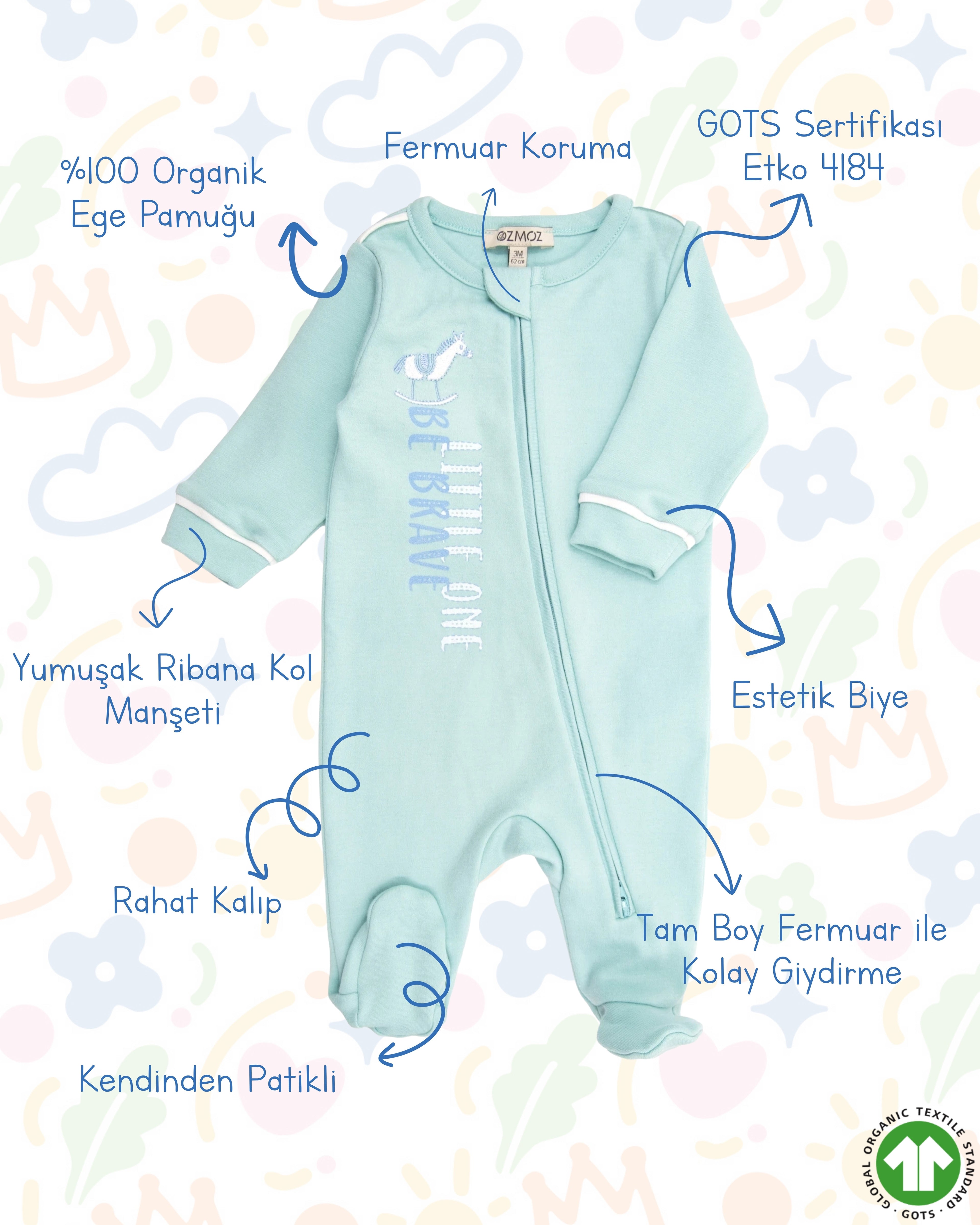Crystal Baby Organik Pamuk Kendinden Patikli Tulum - Eggshell Blue