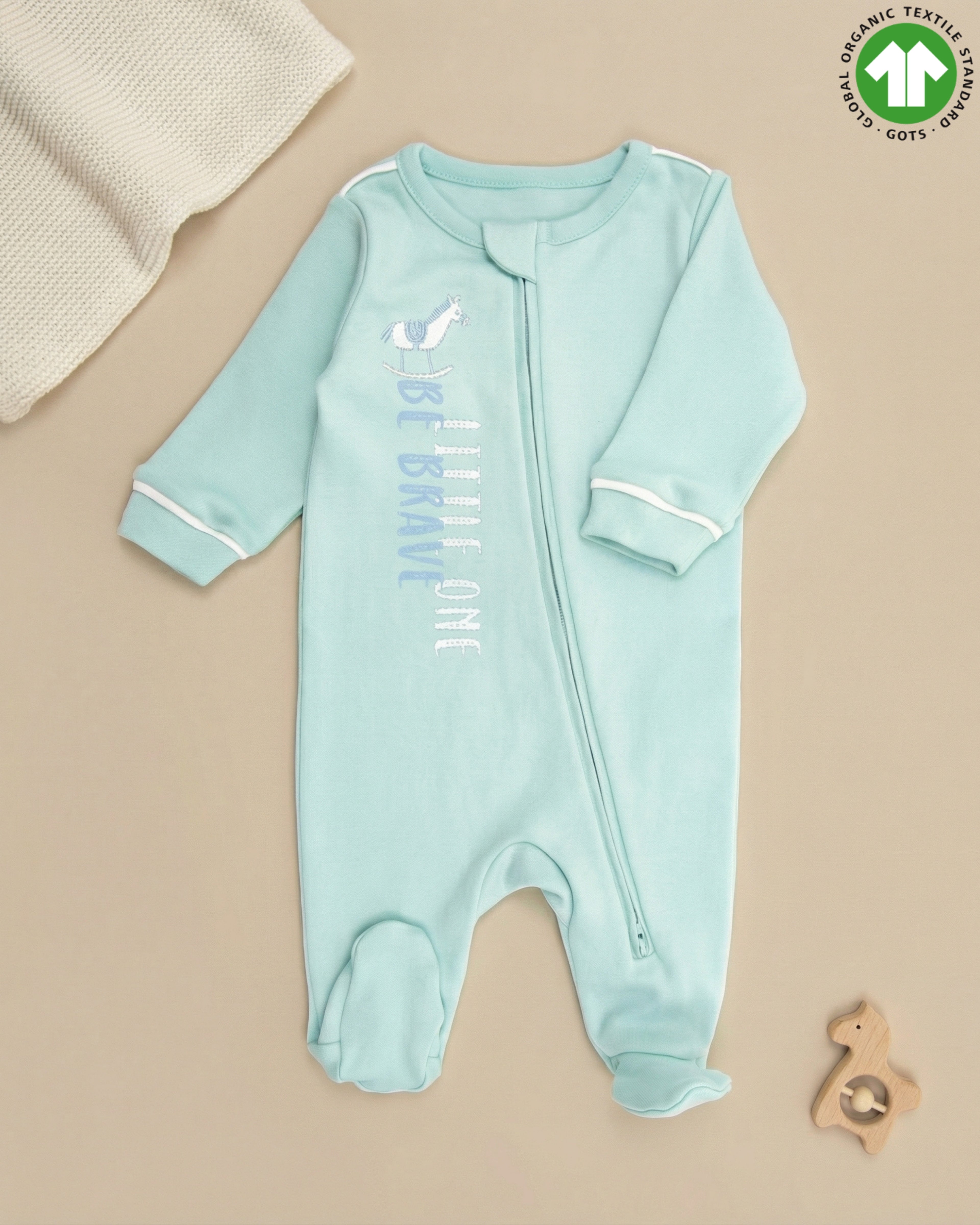 Crystal Baby Organik Pamuk Kendinden Patikli Tulum - Eggshell Blue