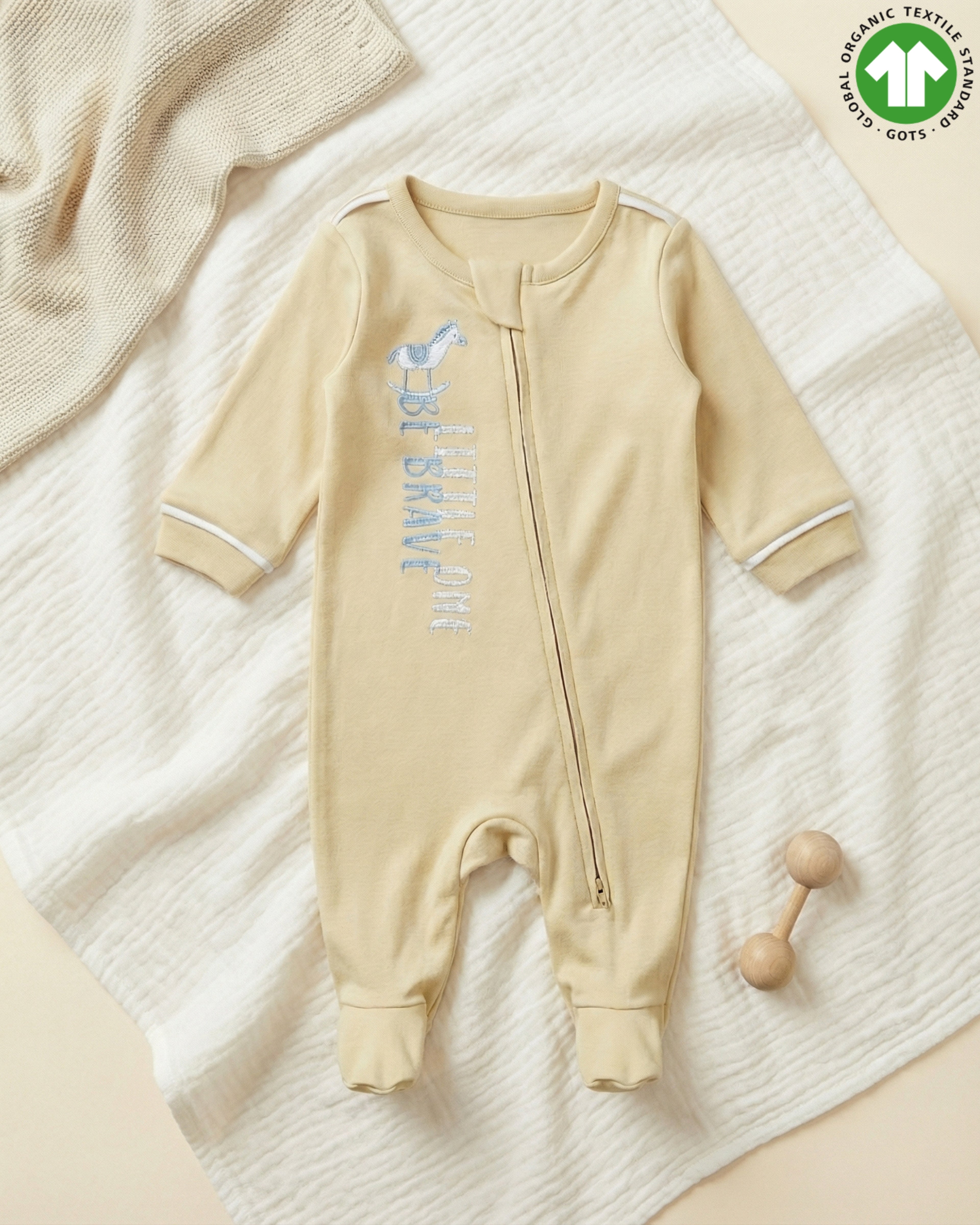 Crystal Baby Organik Pamuk Kendinden Patikli Tulum - Hay Yellow