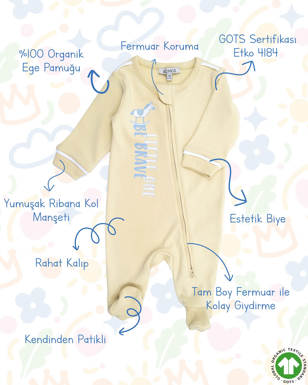 Crystal Baby Organik Pamuk Kendinden Patikli Tulum - Hay Yellow