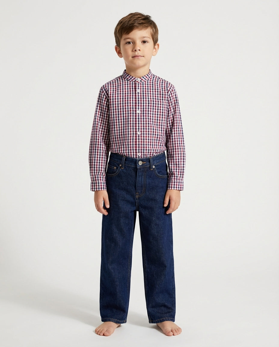 Ozmoz ekose hakim yaka %100 pamuk erkek çocuk gömlek 4-8 yaş bordo lacivert