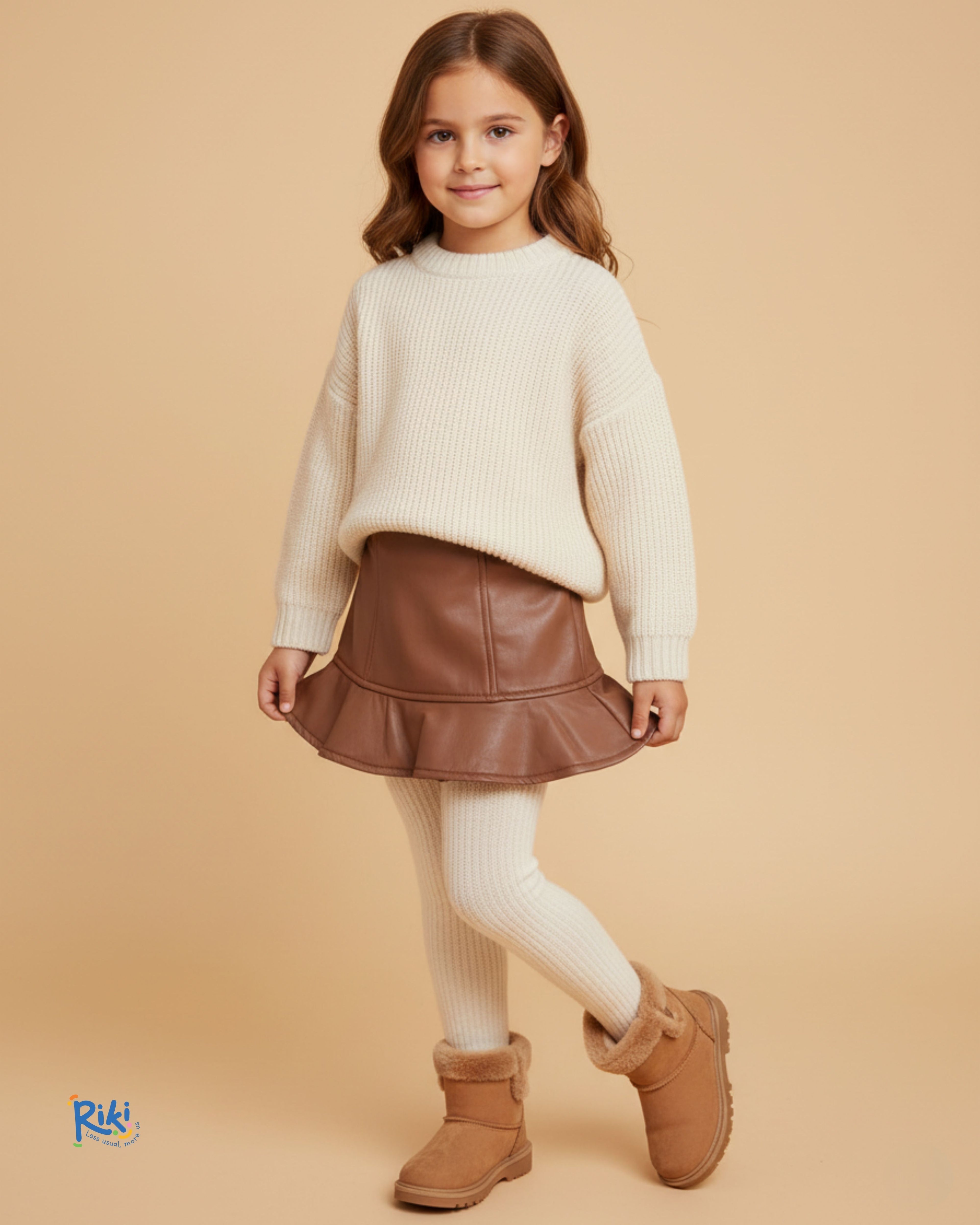 Karamel Suni Deri Kadife Astarlı Kız Çocuk Mini Etek | Kışlık Pileli Model