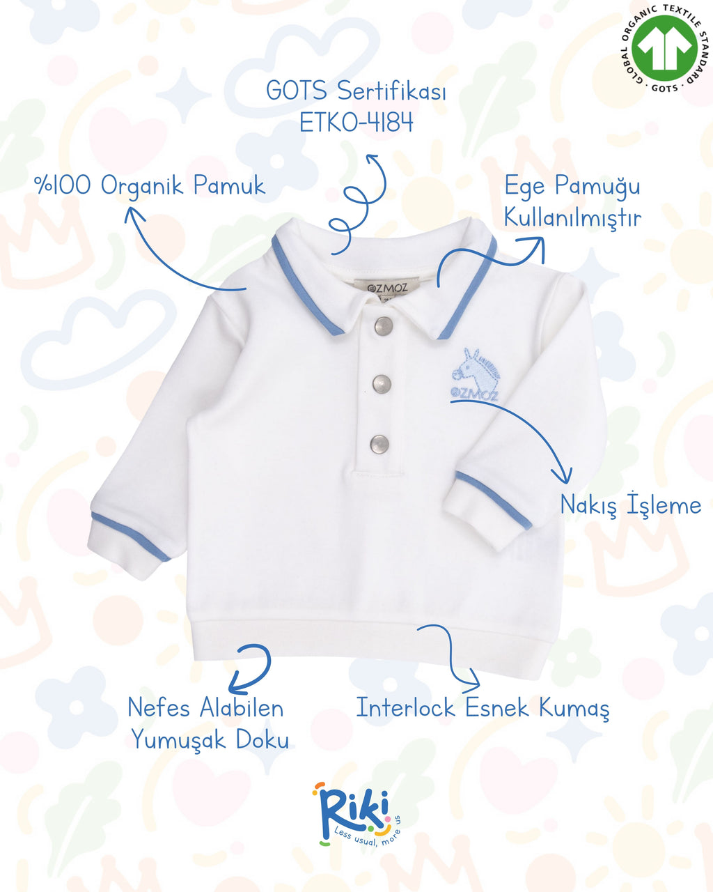 Crystal Baby Organik Pamuk  Polo Yaka Uzun Kollu Üst – Saf Beyaz