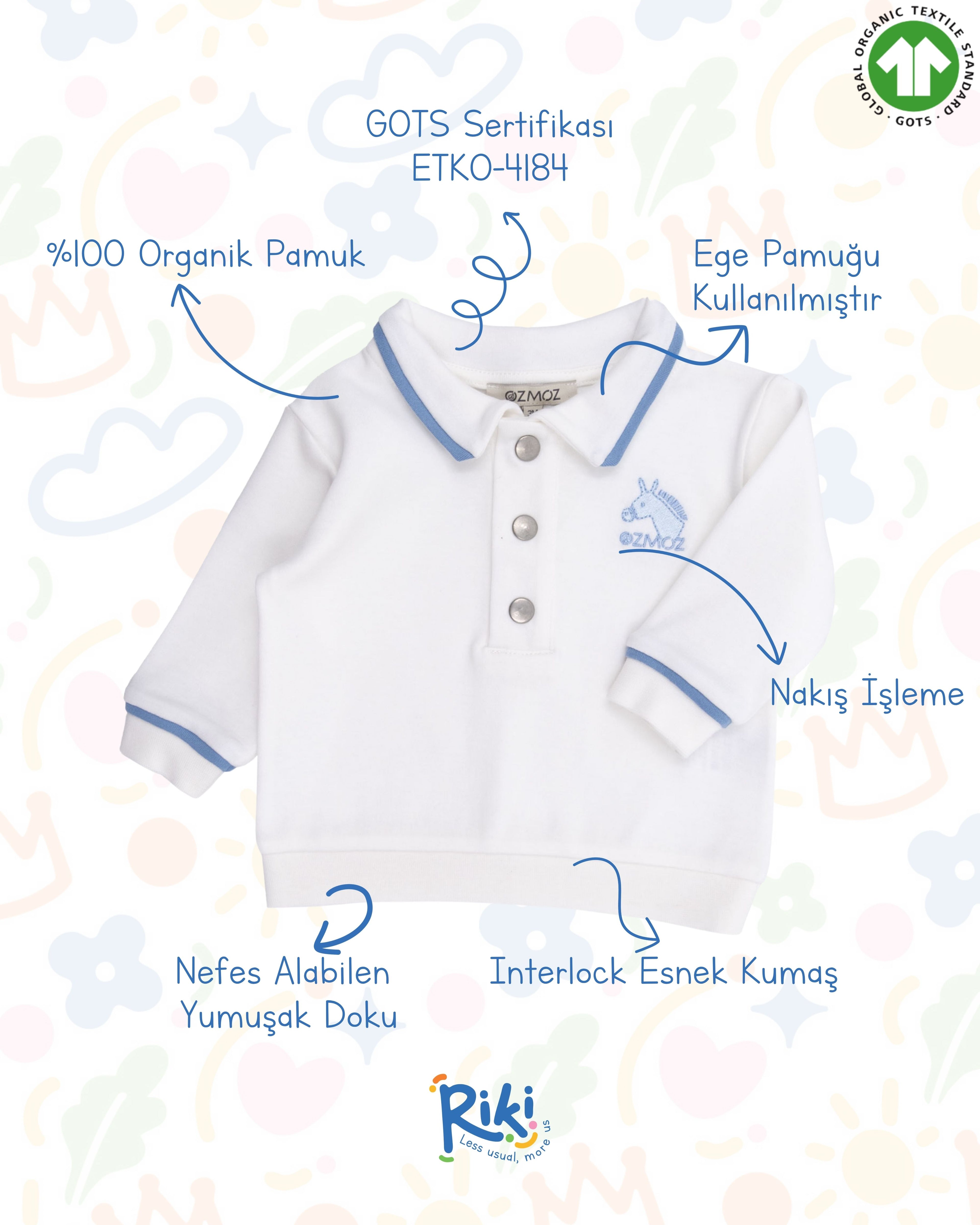 Crystal Baby Organik Pamuk  Polo Yaka Uzun Kollu Üst – Saf Beyaz