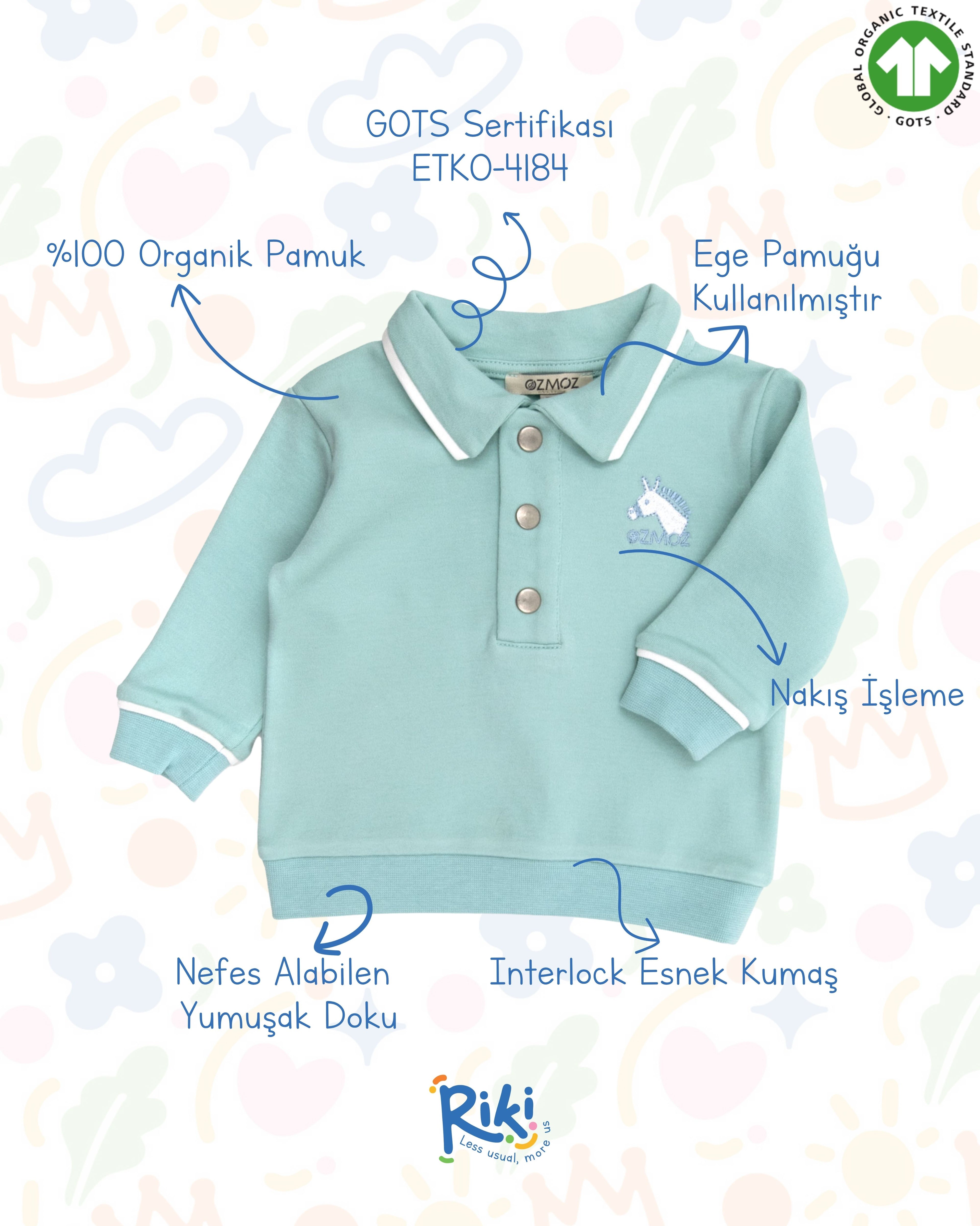 Crystal Baby Organik Pamuk Polo Yaka Uzun Kollu Üst – Eggshell Blue