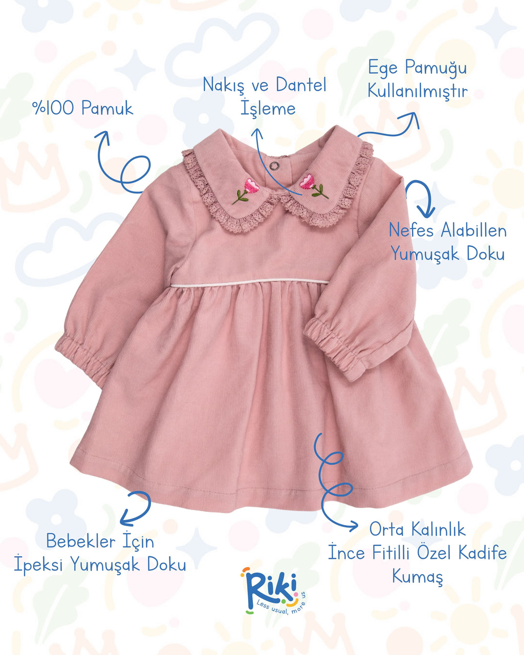 Crystal Baby İnce Fitilli Kadife Dantelli Nakışlı Kız Bebek Elbise