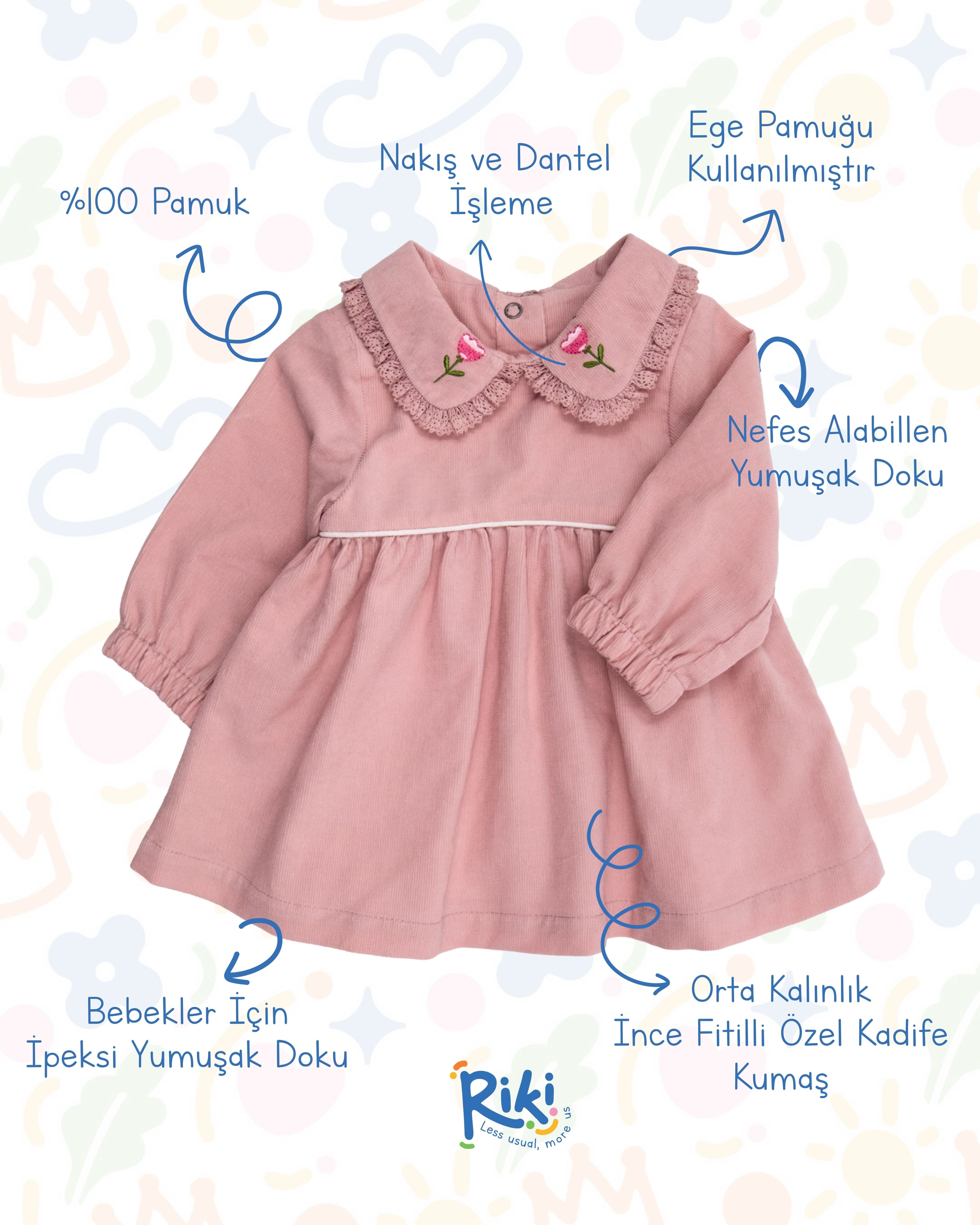 Crystal Baby İnce Fitilli Kadife Dantelli Nakışlı Kız Bebek Elbise