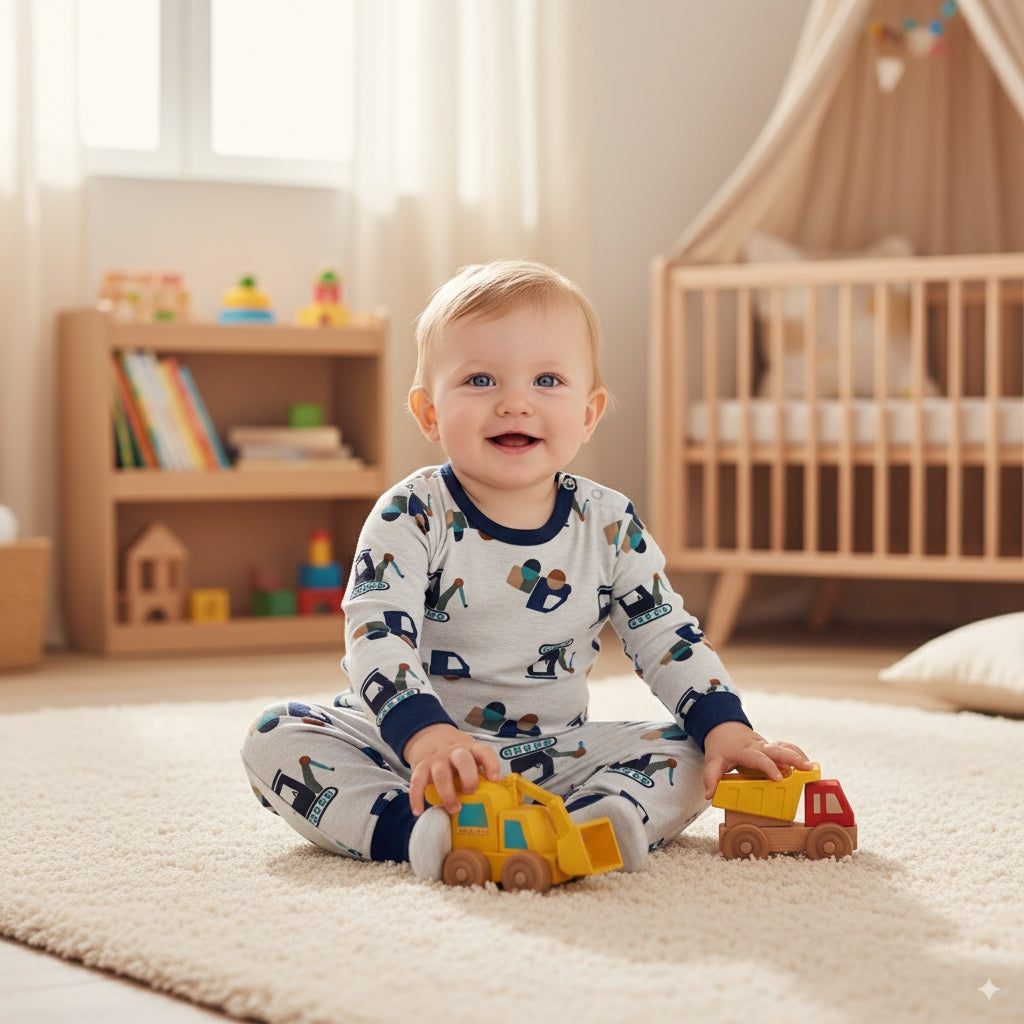 Organik Pamuk Bebek Set – İnşaat Ekibi Desenli