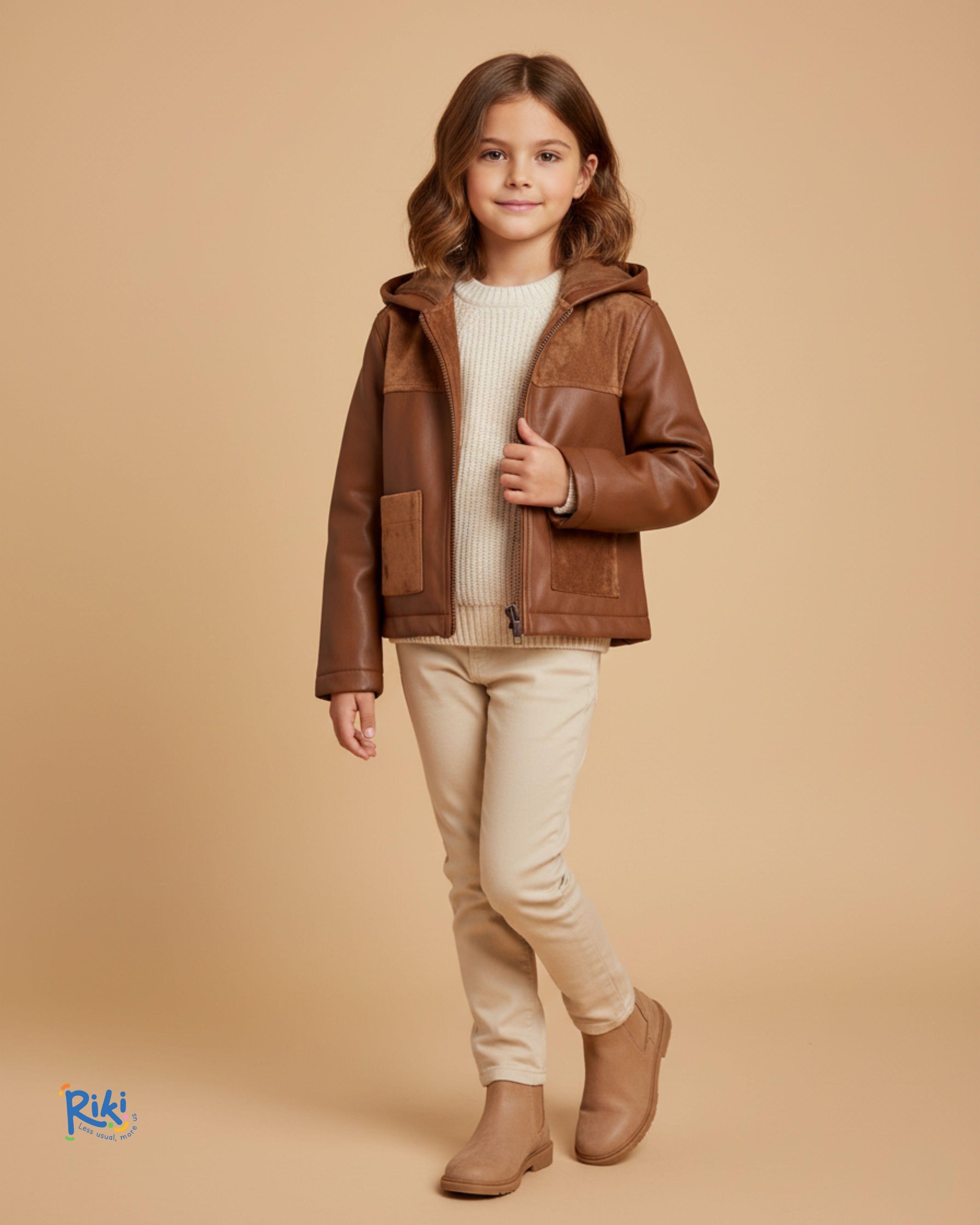 Karamel Suni Deri Kadife Detaylı Kapüşonlu Kız Çocuk Mont | Kışlık Premium Tasarım