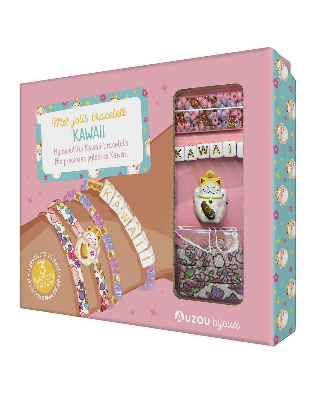 Mes Jolis Bracelets Kawaii kutusu, bilekte şans kedili ve KAWAII harf boncuklu bileklikler