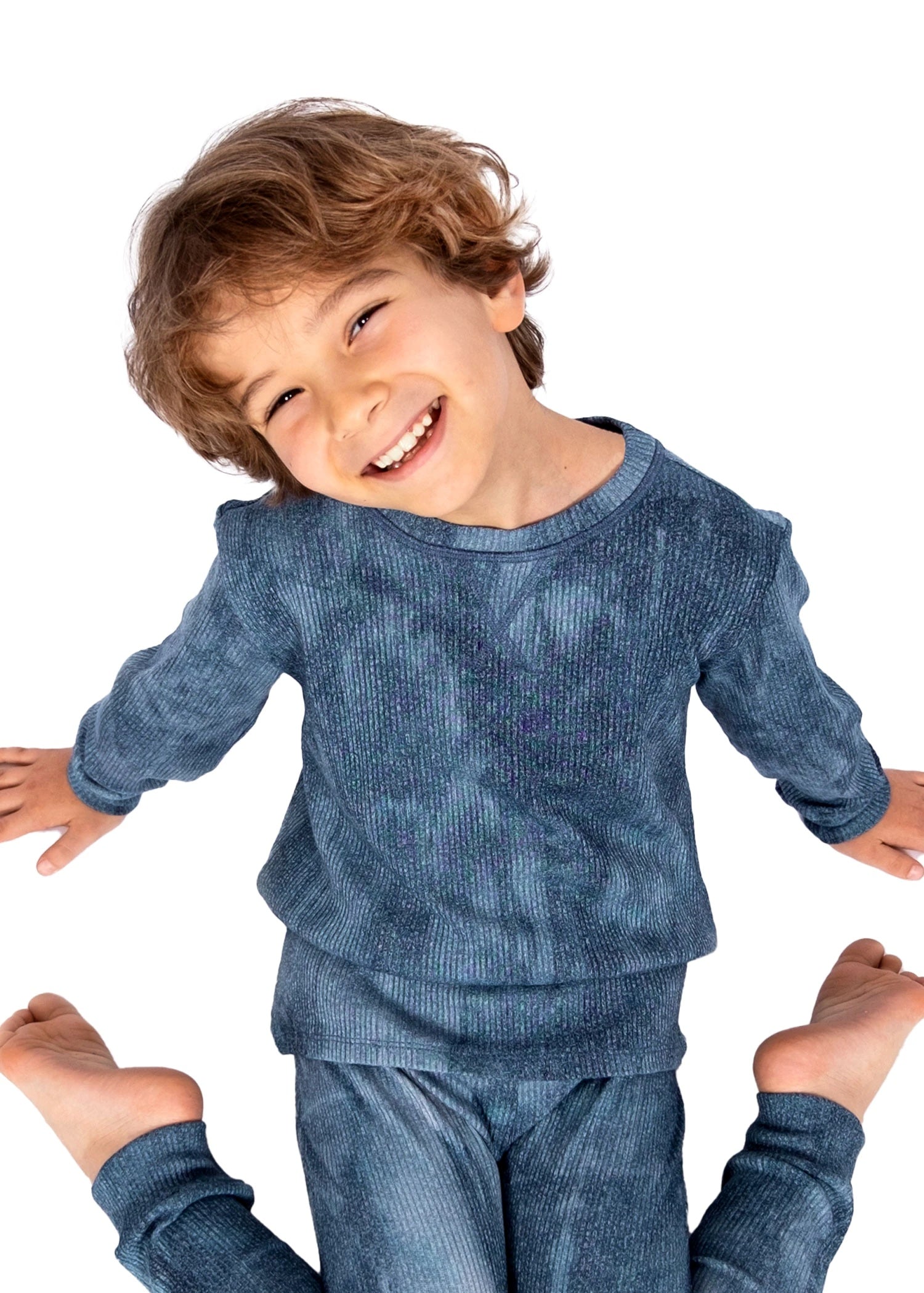 Yumuşacık Örme Baharlık Erkek Çocuk Pijama Takımı – İndigo Eskitme Desenli