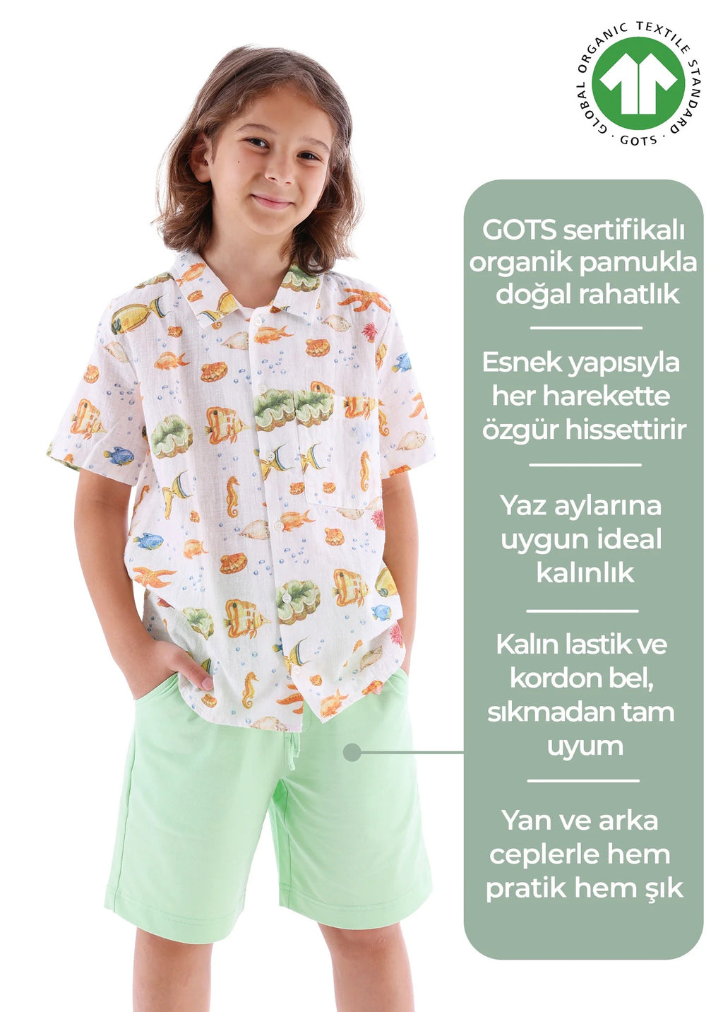 Organik Pamuk Yeşil Yazlık Erkek Çocuk Şort