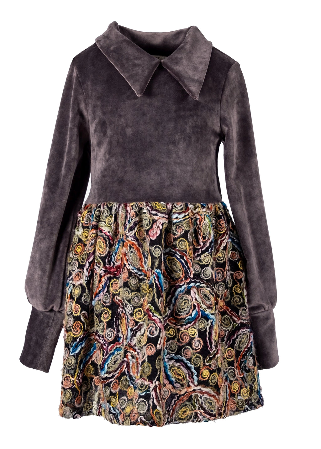 Eteği Yün İşlemeli Örme Kadife Kumaş Kışlık Kız Çocuk Elbise - Şapkalı